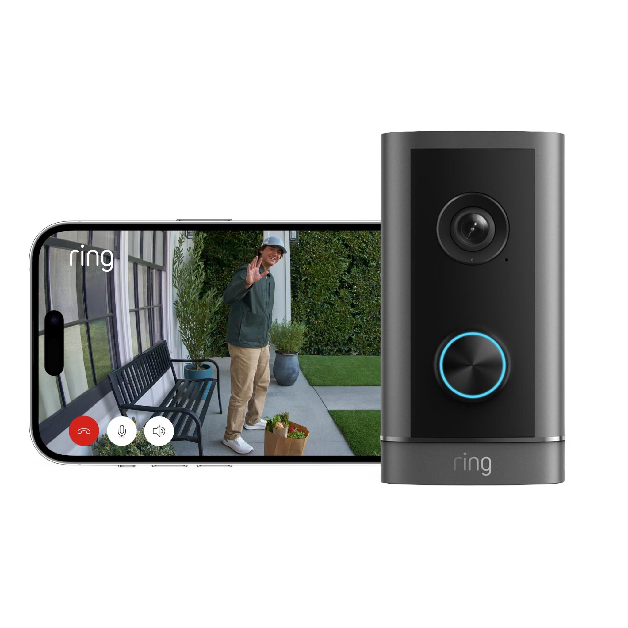 Ring wired video doorbell beside smartphone showing live video app screen