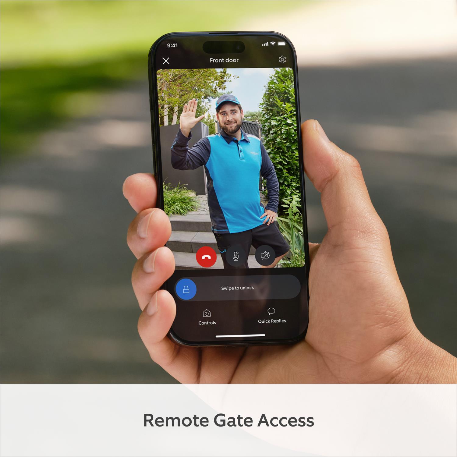 Hand holding smartphone showing live front door video from Ring doorbell