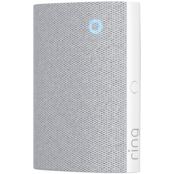 Gray and white plug-in doorbell chime with speaker grille and round side button