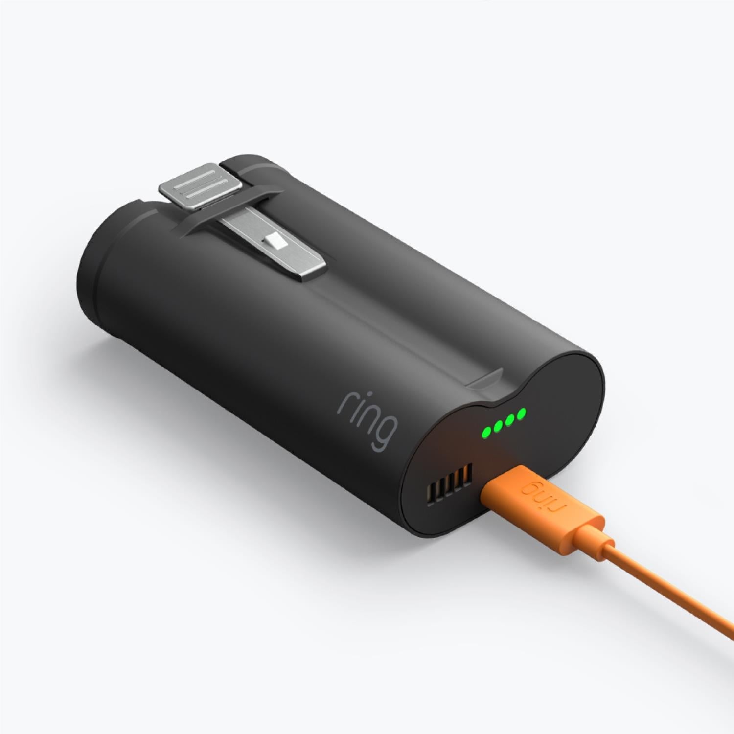 Ring quick release battery pack with charging cable, dark gray body and green LEDs
