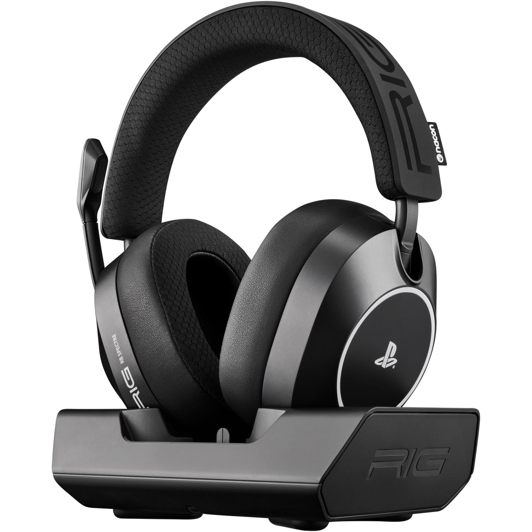 Black wireless gaming headset with over-ear earcups and charging base