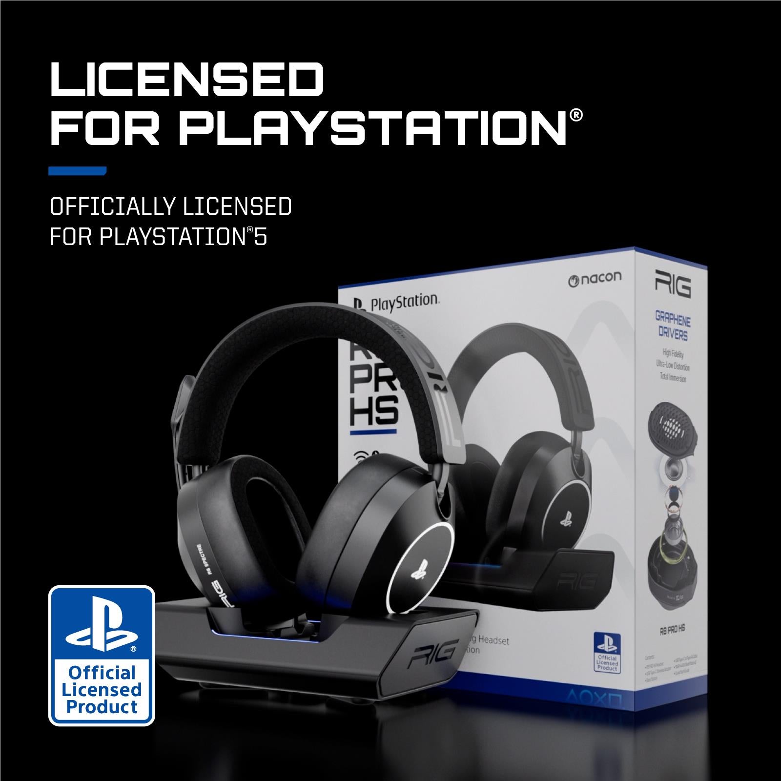 Black wireless gaming headset and base shown on retail box packaging