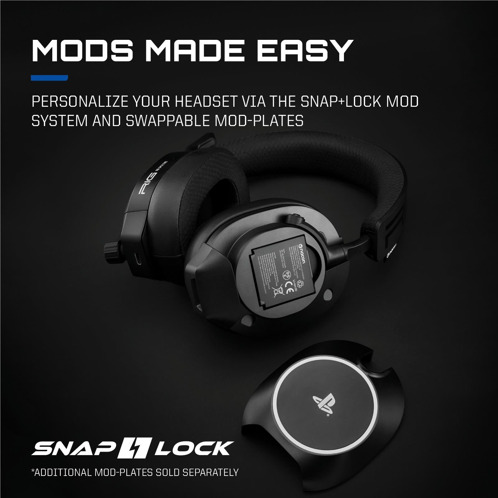 Black wireless gaming headset with circular base and swappable mod plate detail