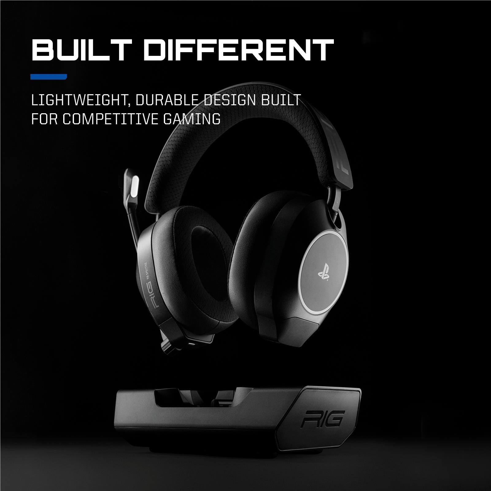 Black wireless over-ear gaming headset with padded headband and charging base