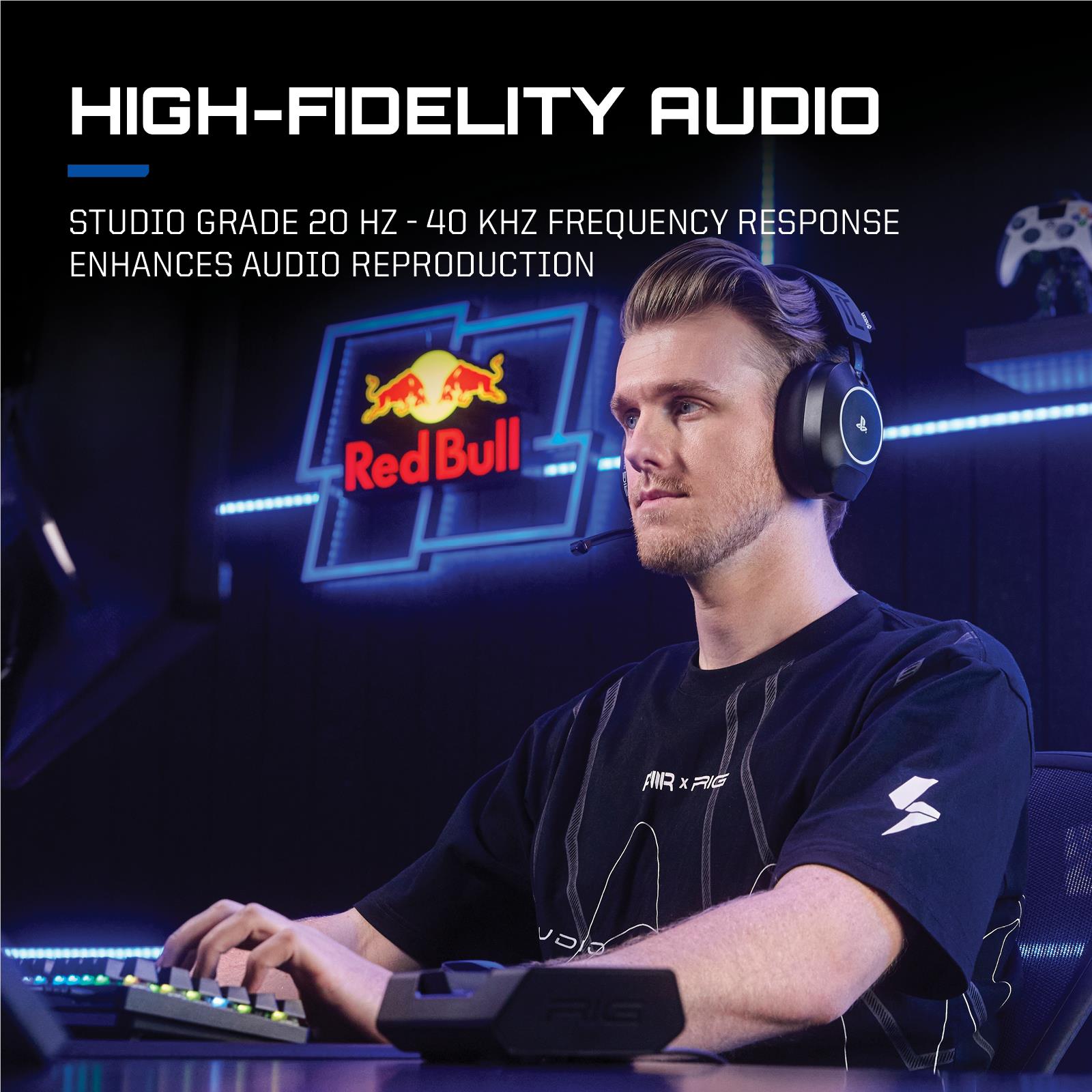 Over-ear black gaming headset worn by a player with boom headset controls