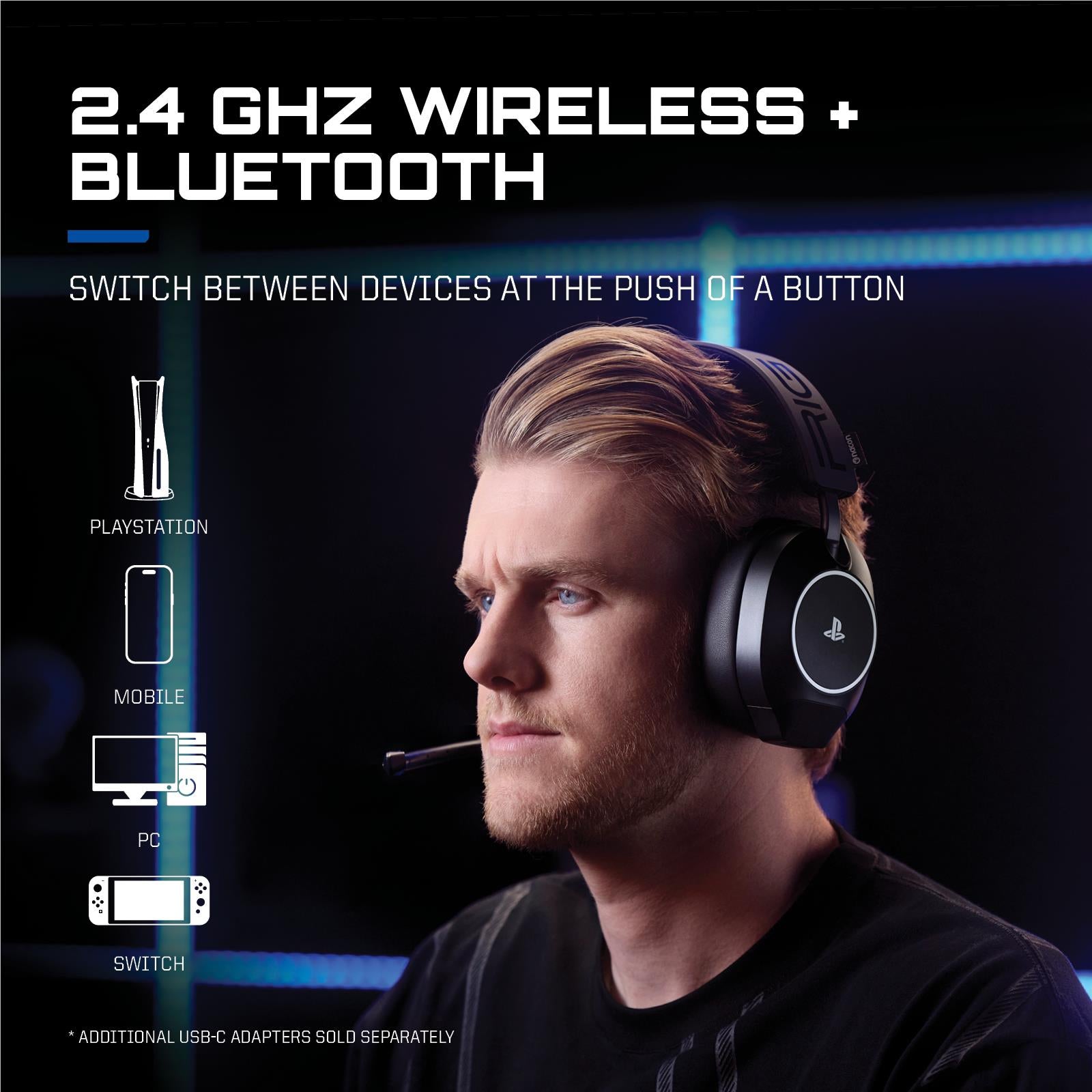 Black wireless over-ear gaming headset with boom microphone, worn in profile