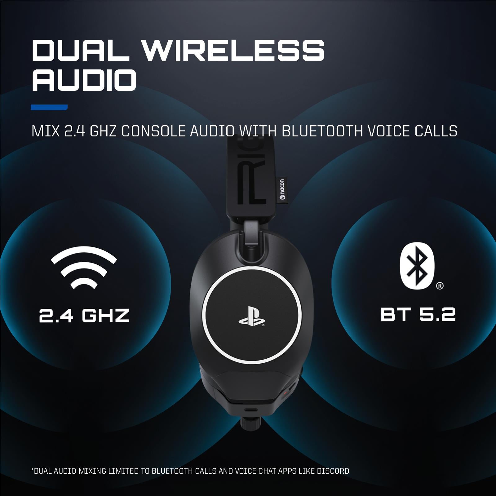 Black wireless gaming headset with 2.4 GHz and Bluetooth control icons