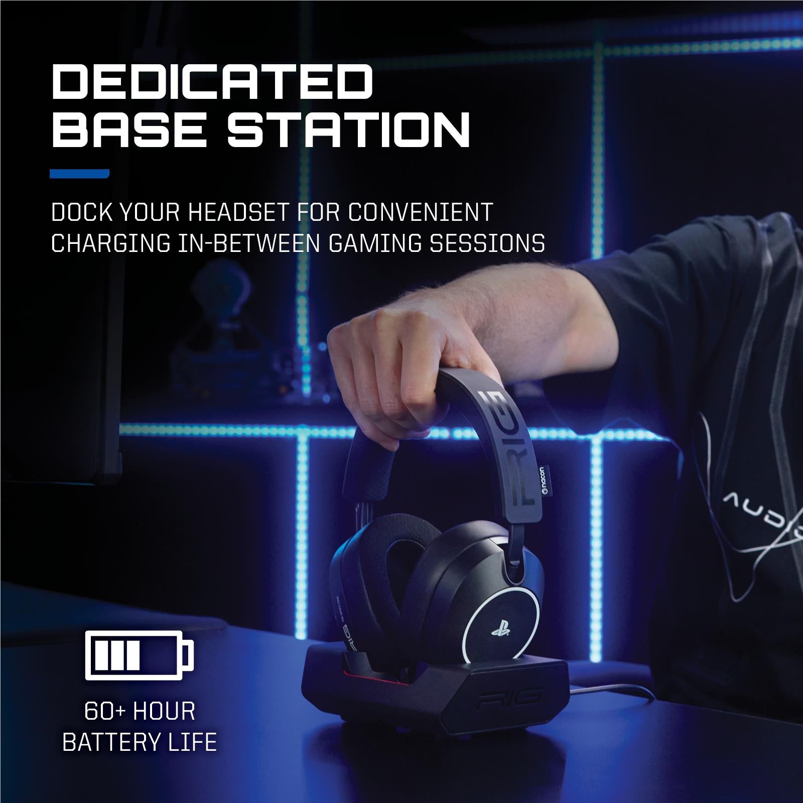 Black dedicated headset base station with headset docked for charging