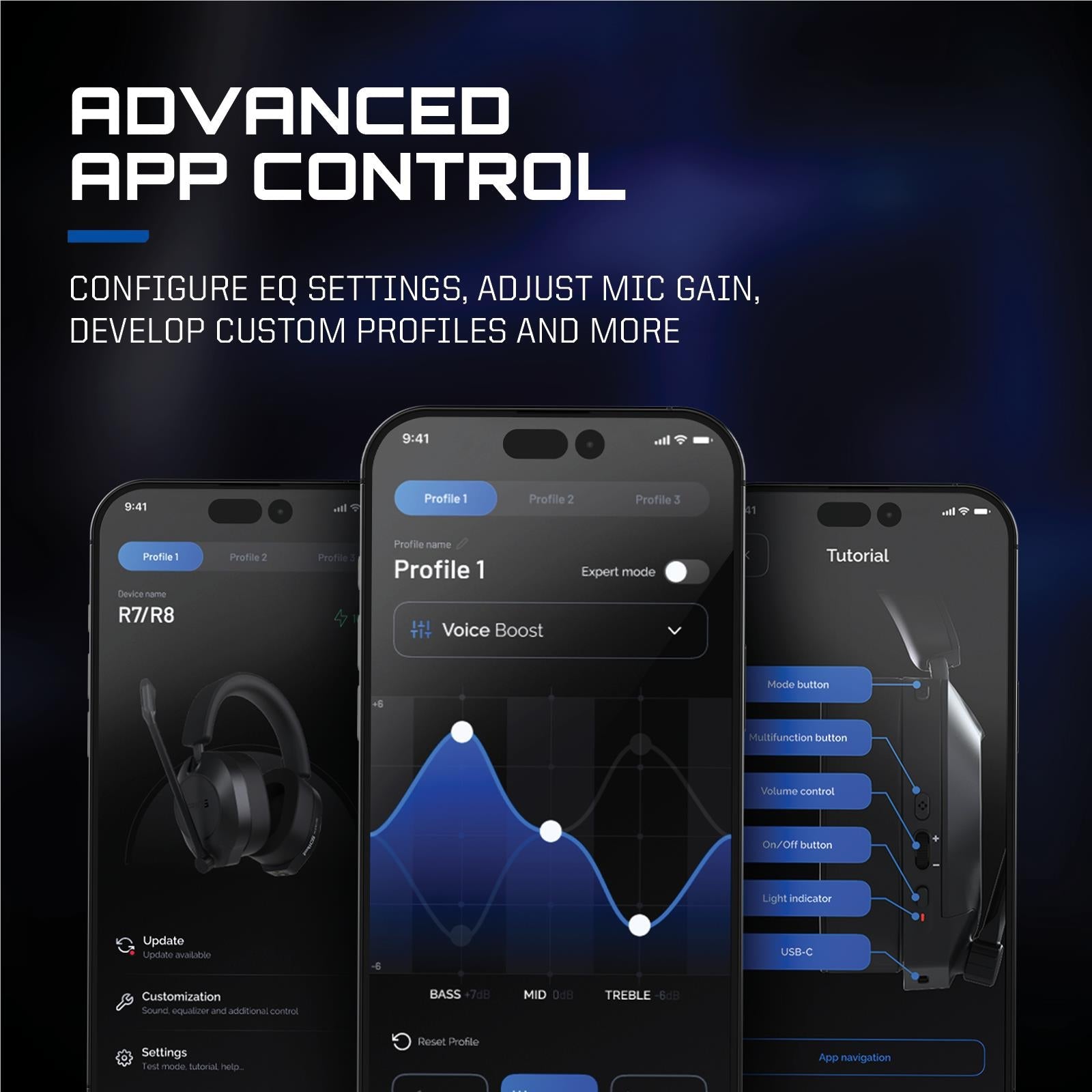 Smartphone app interface showing EQ settings with gaming headset accessory