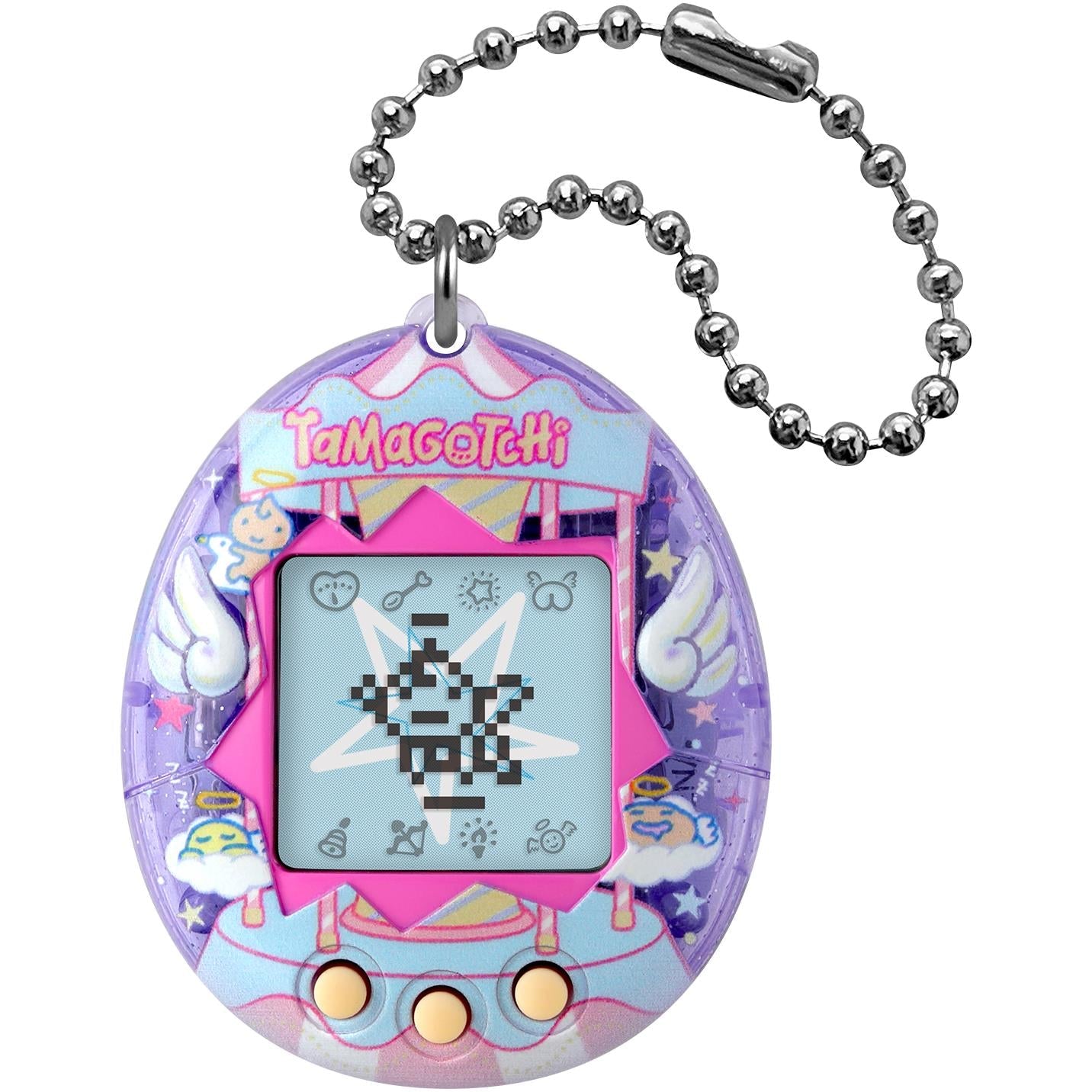 Purple translucent Tamagotchi Gen 3 Angel Carousel handheld digital pet with keychain