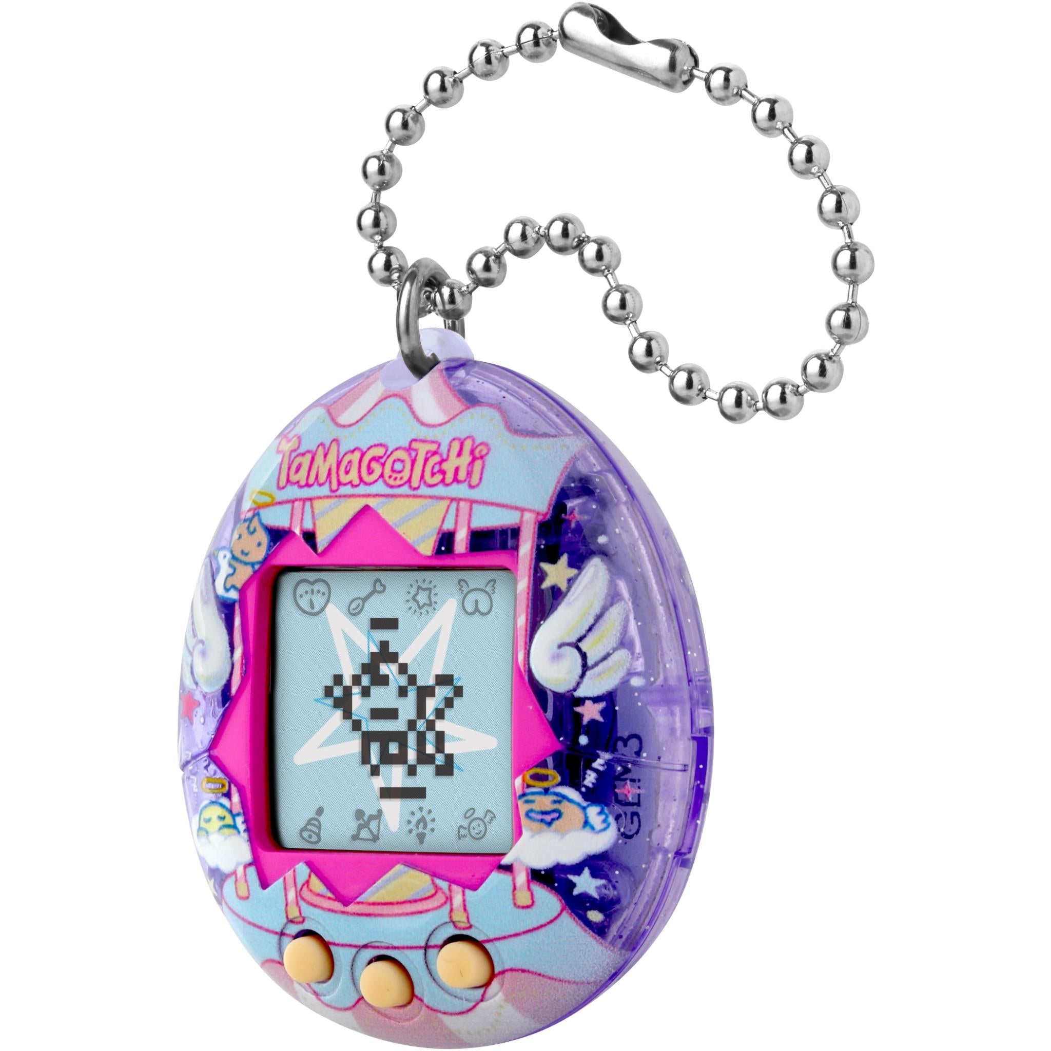 Purple Tamagotchi Gen 3 Angel Carousel handheld digital pet keychain with screen