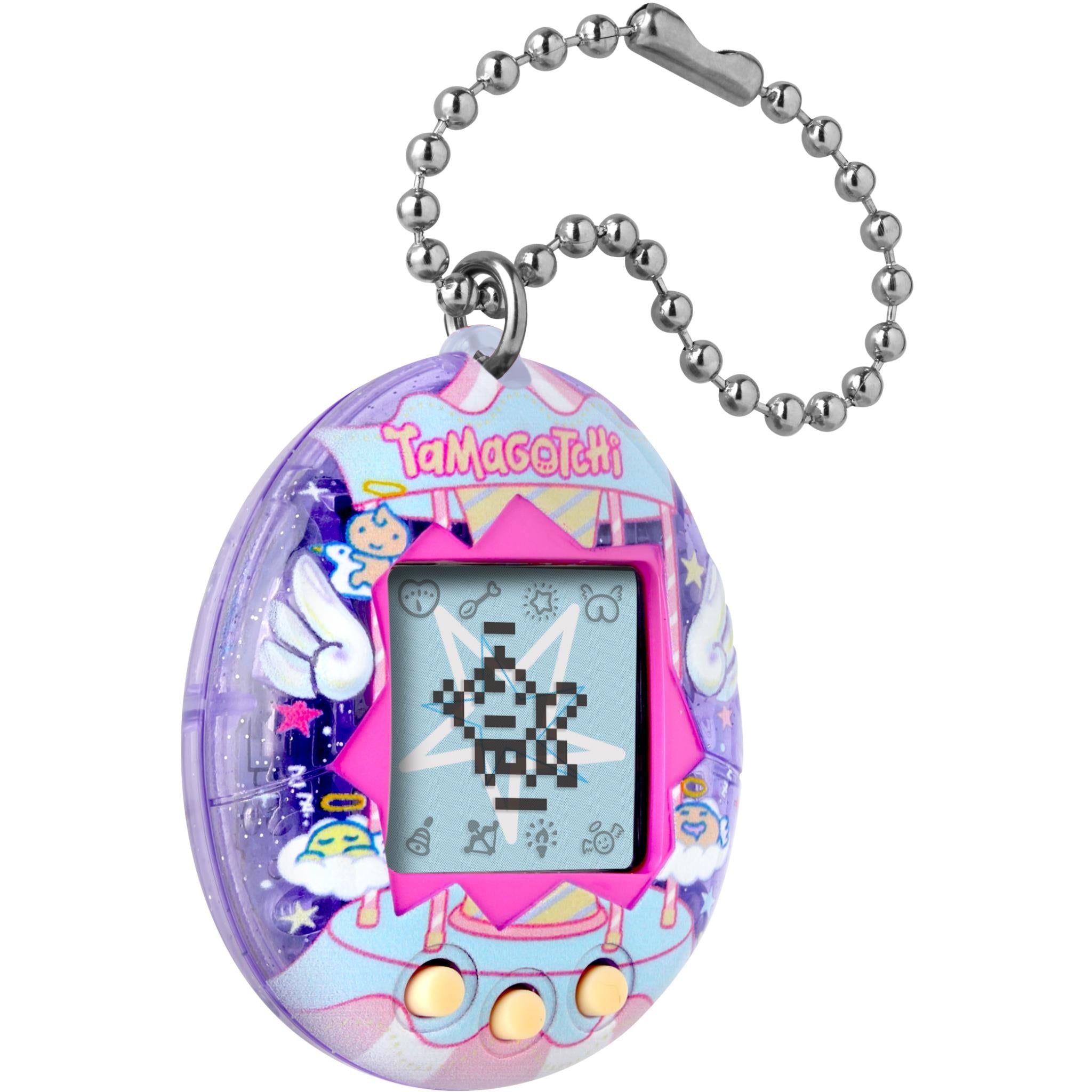 Oval purple Tamagotchi Gen 3 Angel Carousel handheld digital pet on metal bead chain