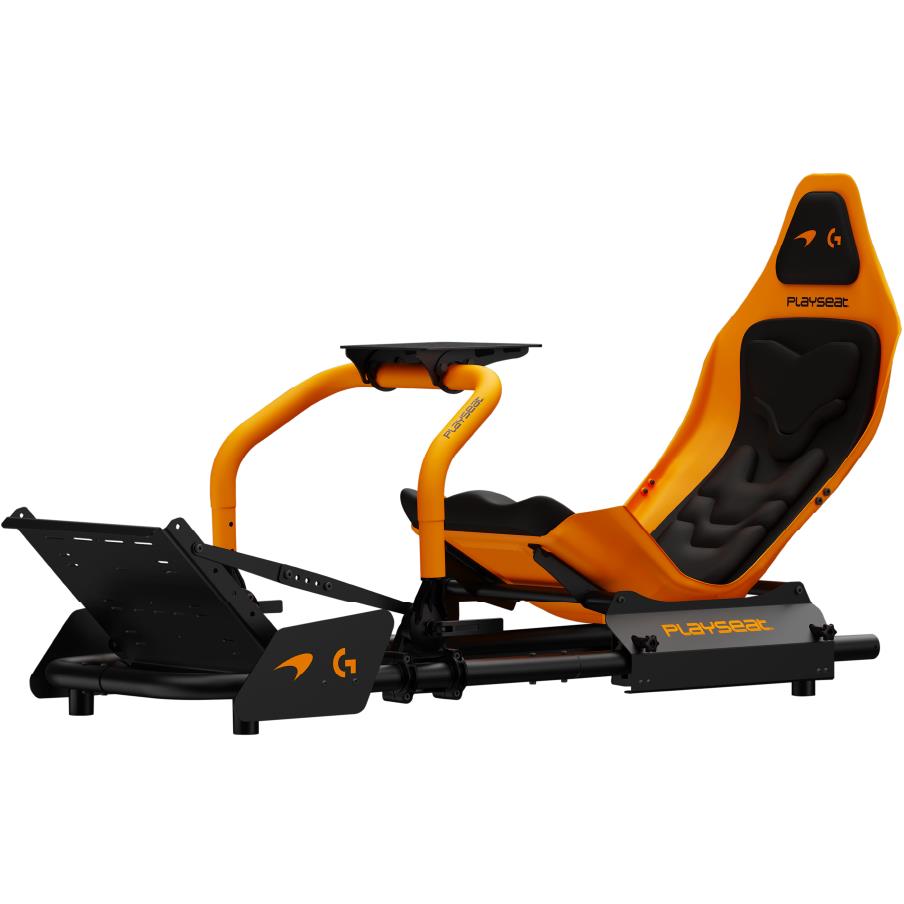 Orange and black racing simulator seat with padded headrest and side bolsters