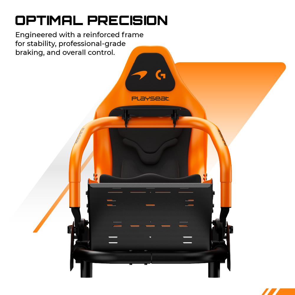 Front view of orange racing simulator seat with black padded backrest