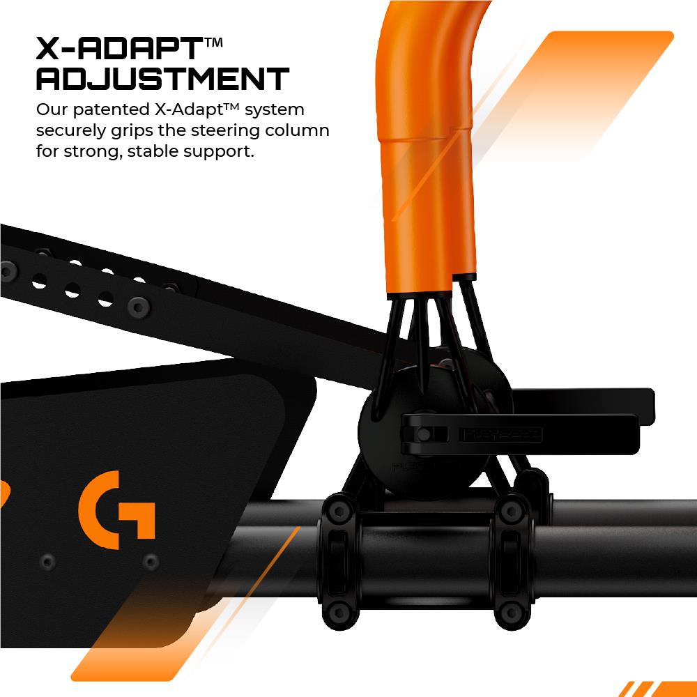 Close-up of orange seat frame and black adjustment mechanism on the base