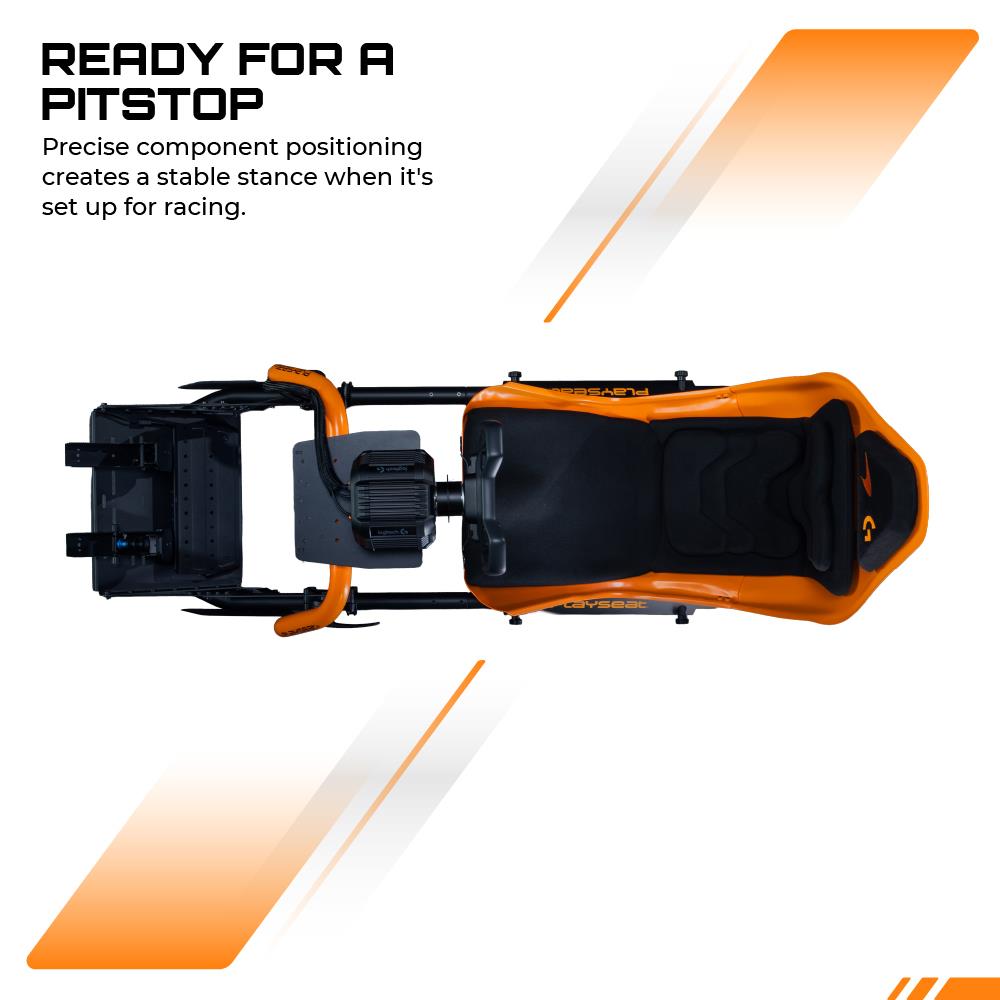 Side view of orange racing seat with black wheel and pedal mounting unit