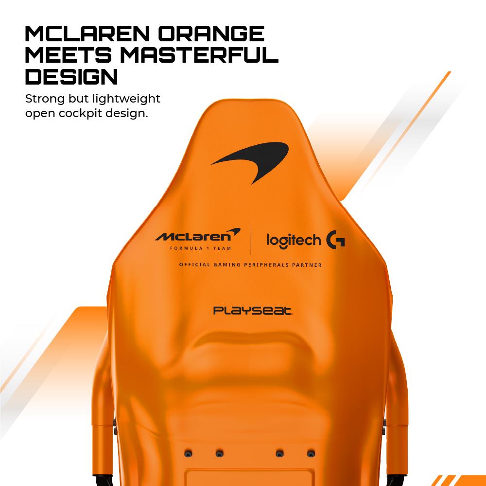 Close-up of orange seat backrest with McLaren and Logitech-style branding