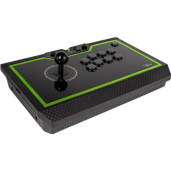 Black arcade fight stick with green trim, joystick and round button cluster on top