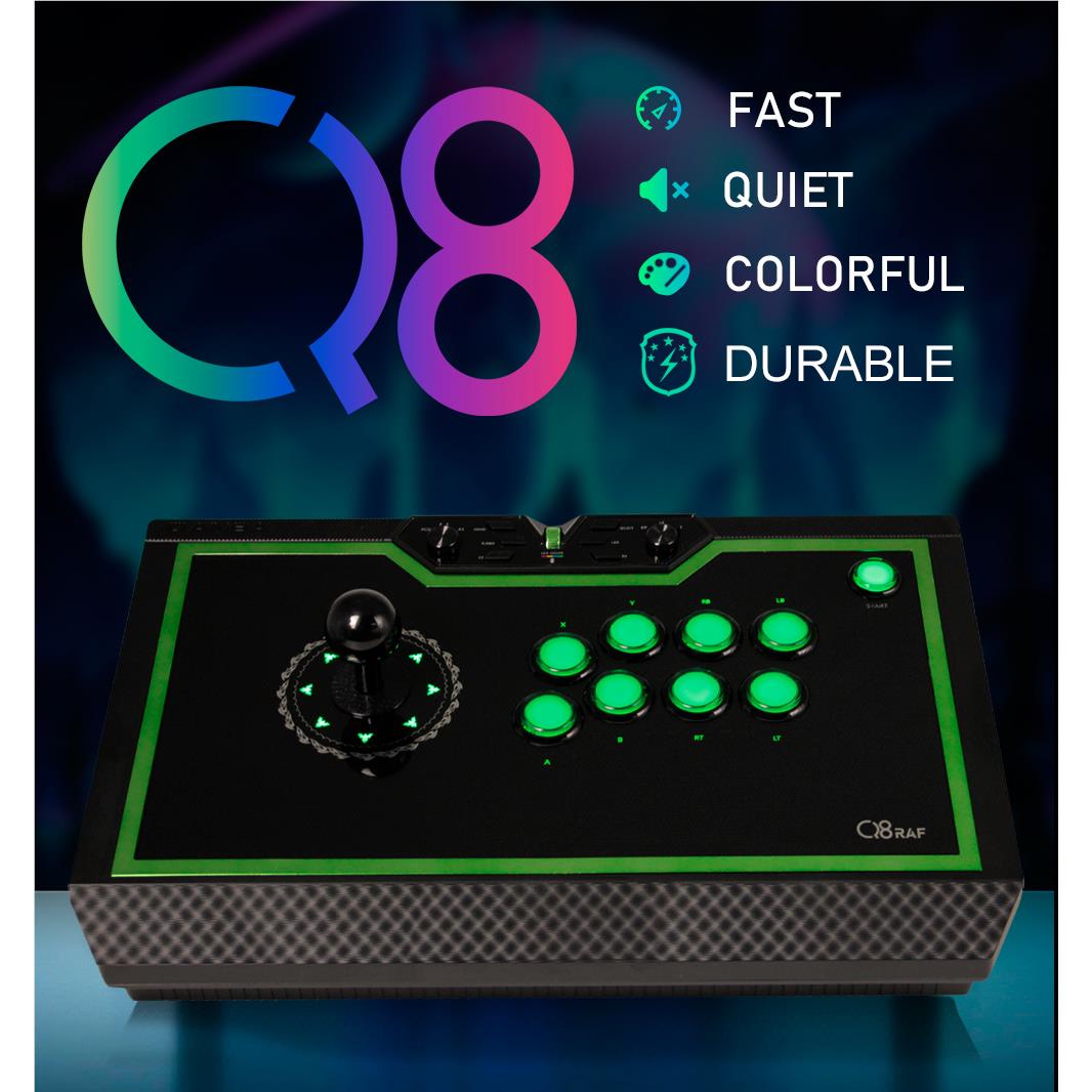 Black arcade fight stick with green-lit border, joystick and glowing green action buttons