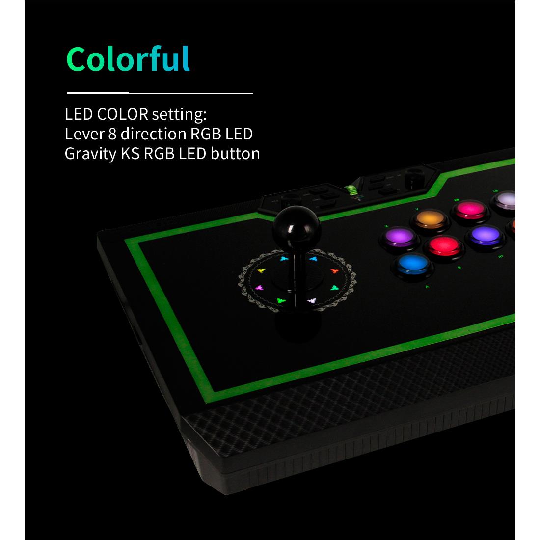 Black arcade fight stick with green outline, joystick and multicolor LED button lights