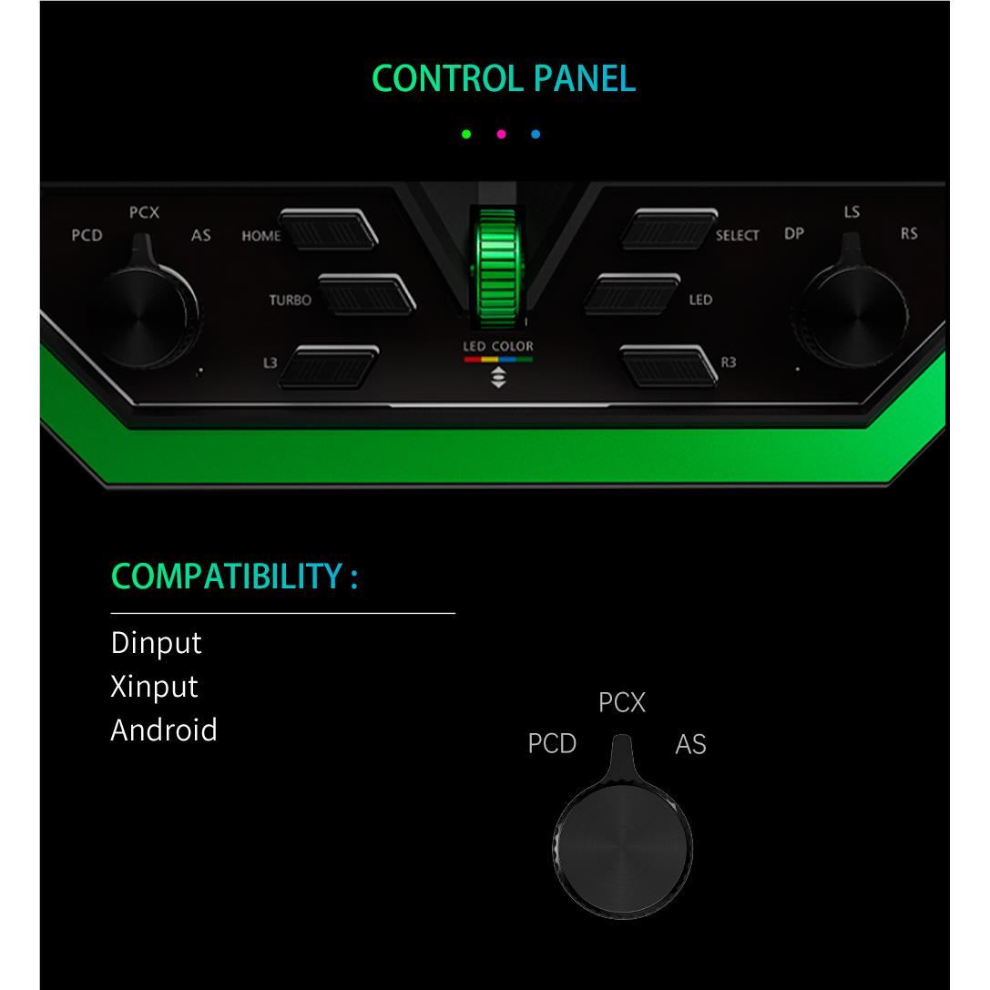 Black arcade fight stick control panel with dual joysticks and labeled button layout