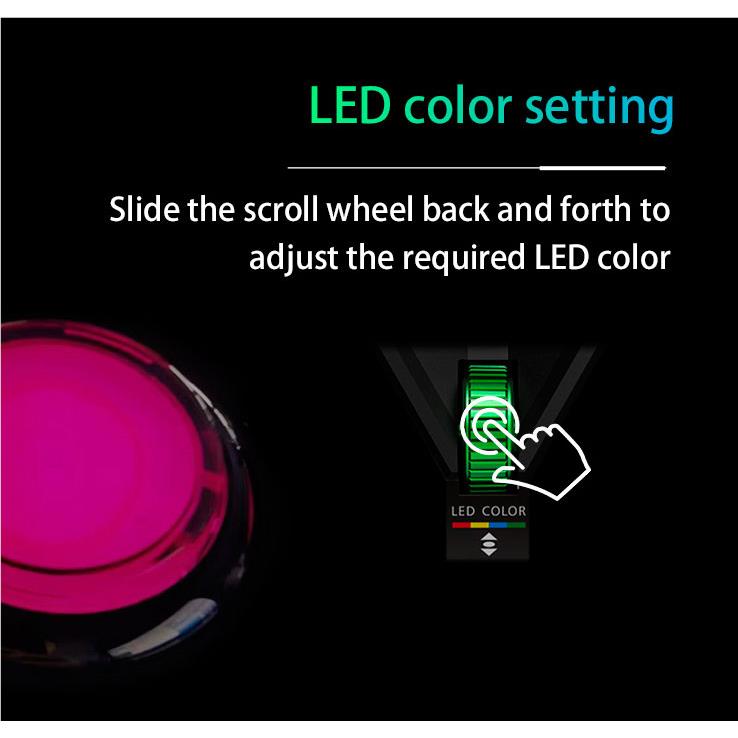 Black arcade fight stick LED color setting area with scroll wheel and small display
