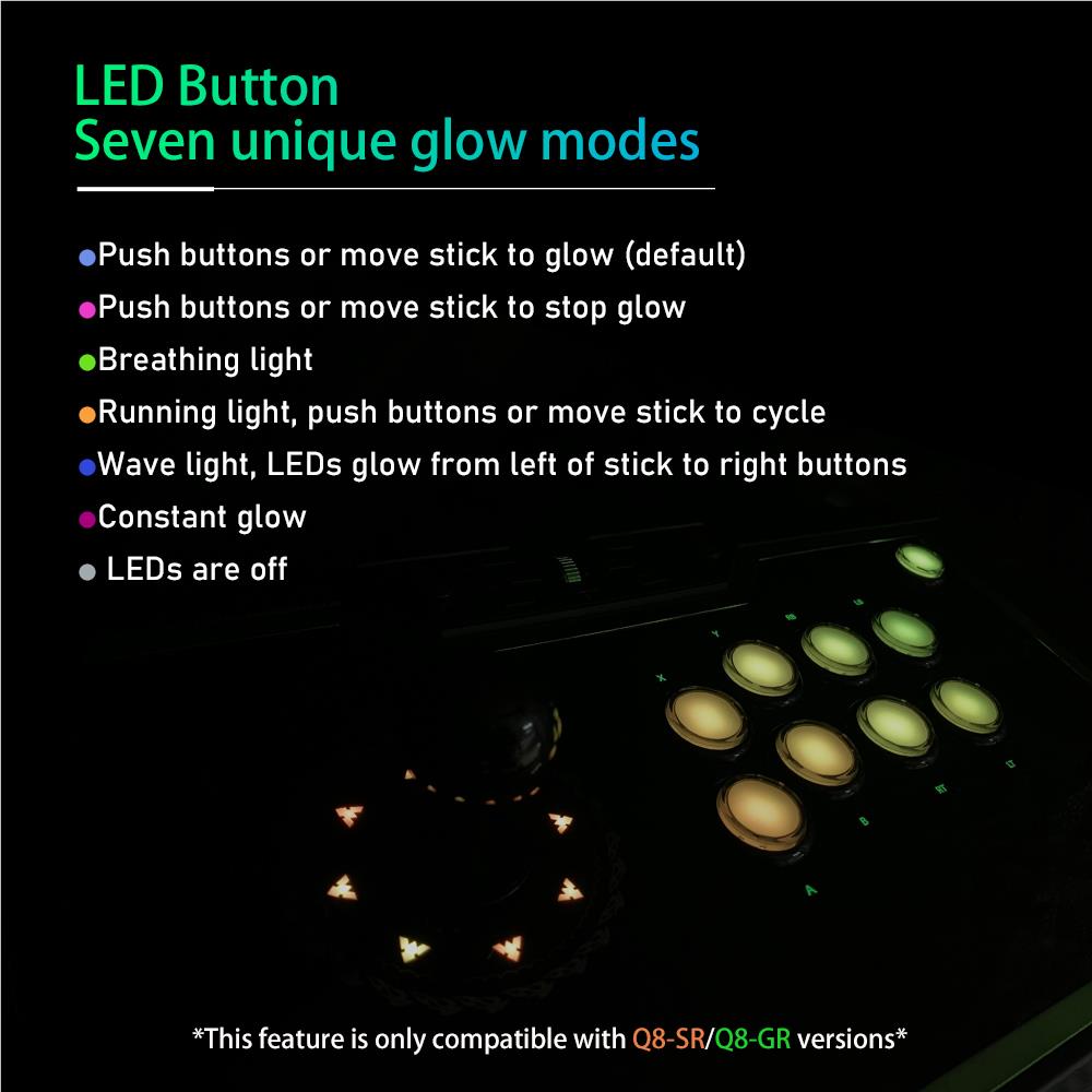 Black arcade fight stick with glowing LED buttons and circular joystick on base panel