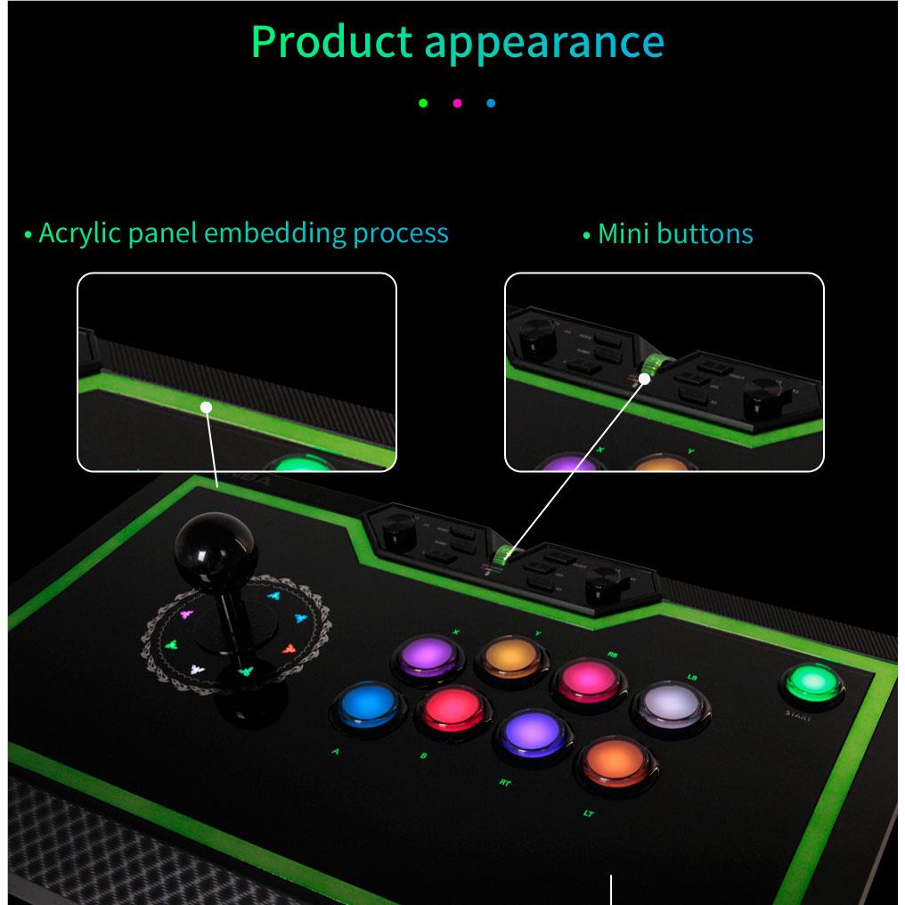 Black arcade fight stick showing top surface, joystick and rows of illuminated buttons