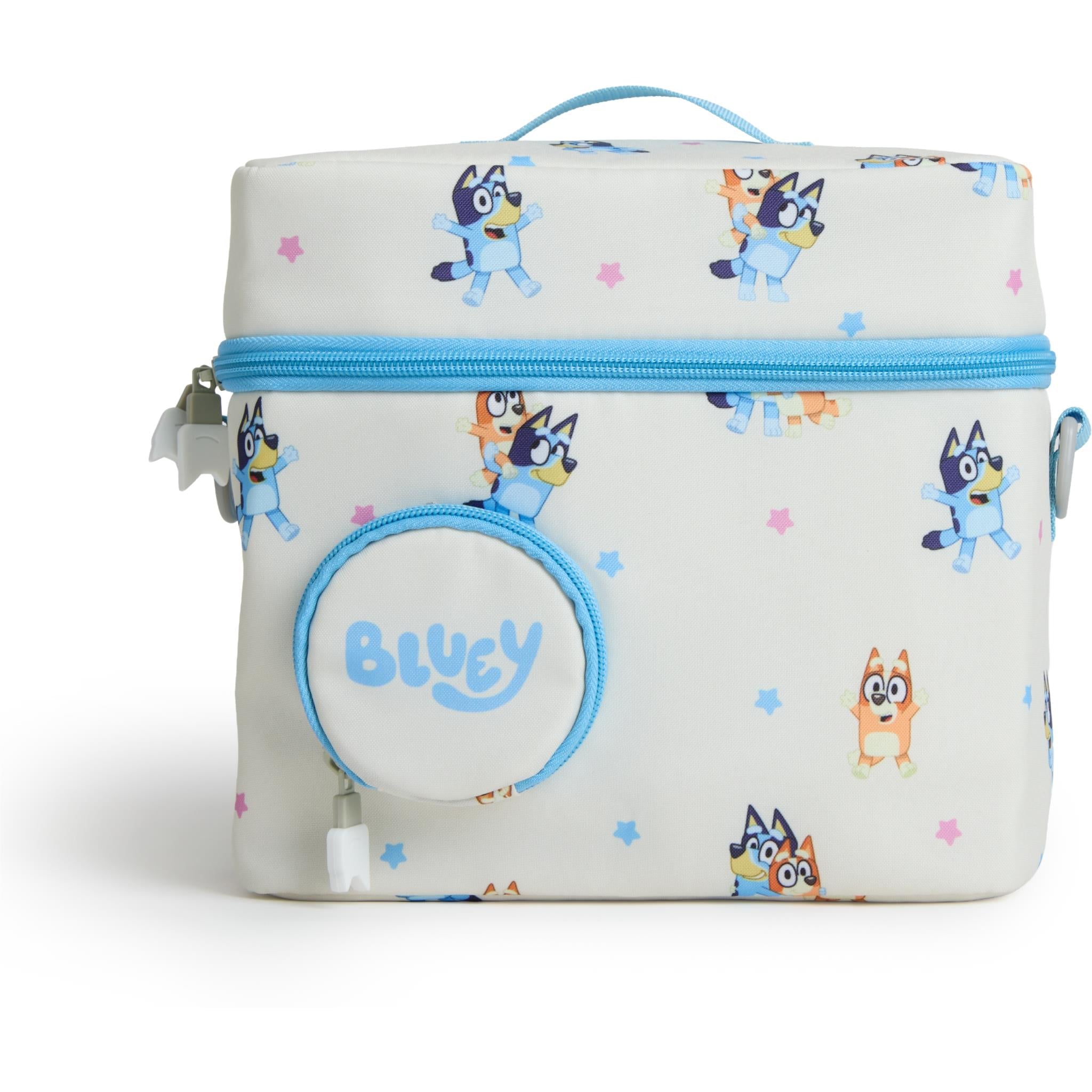 Padded Bluey character carry bag with front zipper, top handle, and round name patch