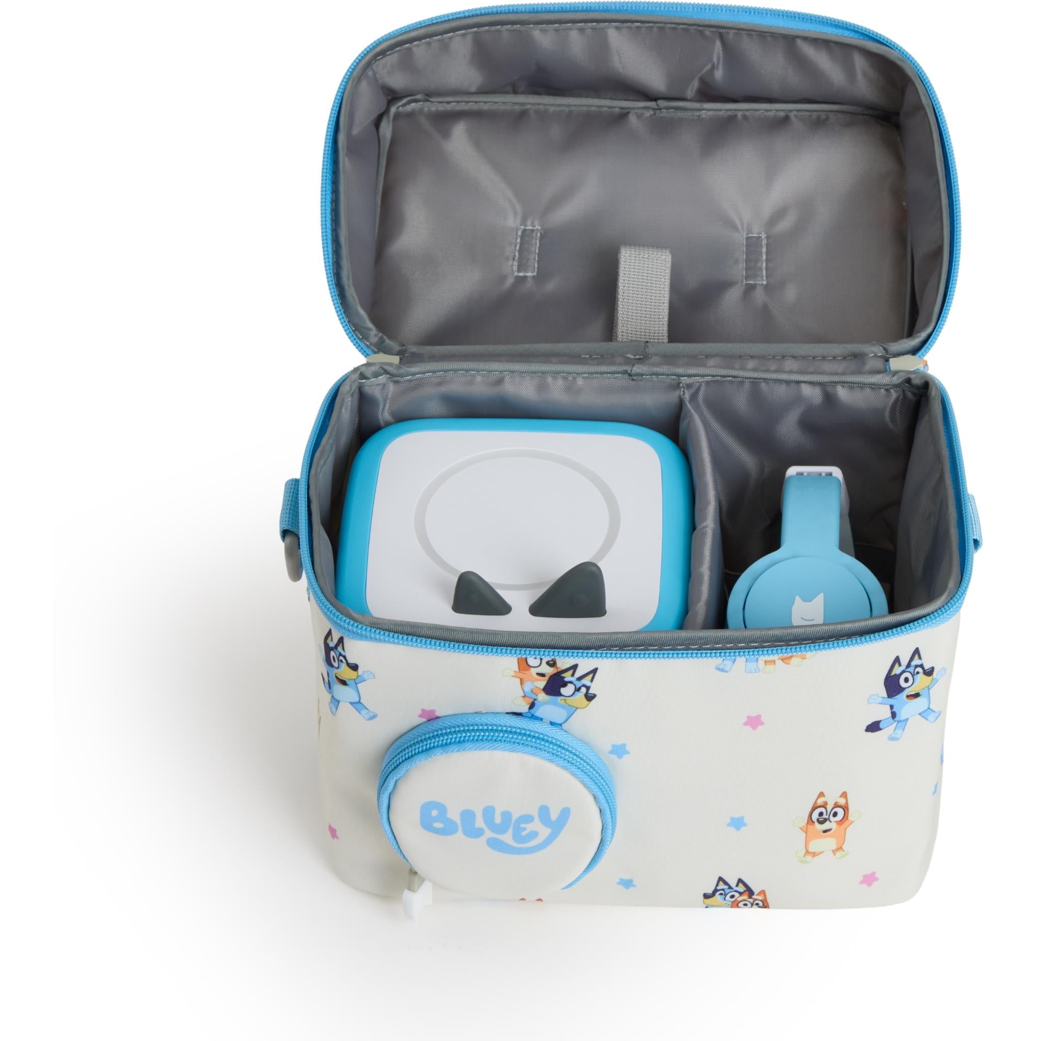 Open padded carry bag with dark lining, internal pockets, and Bluey character print