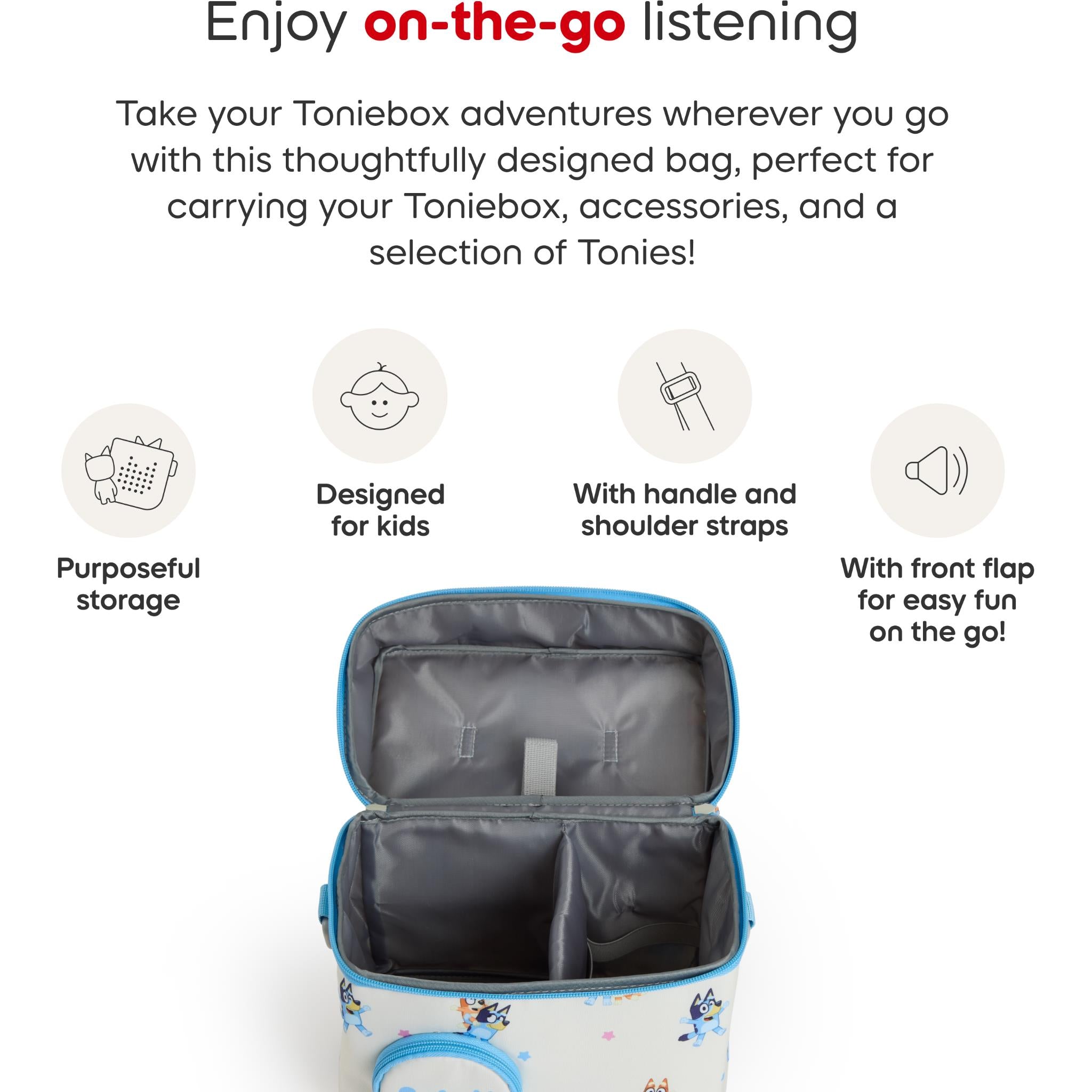 Padded Bluey character carry bag with open front, dark compartments, and shoulder strap