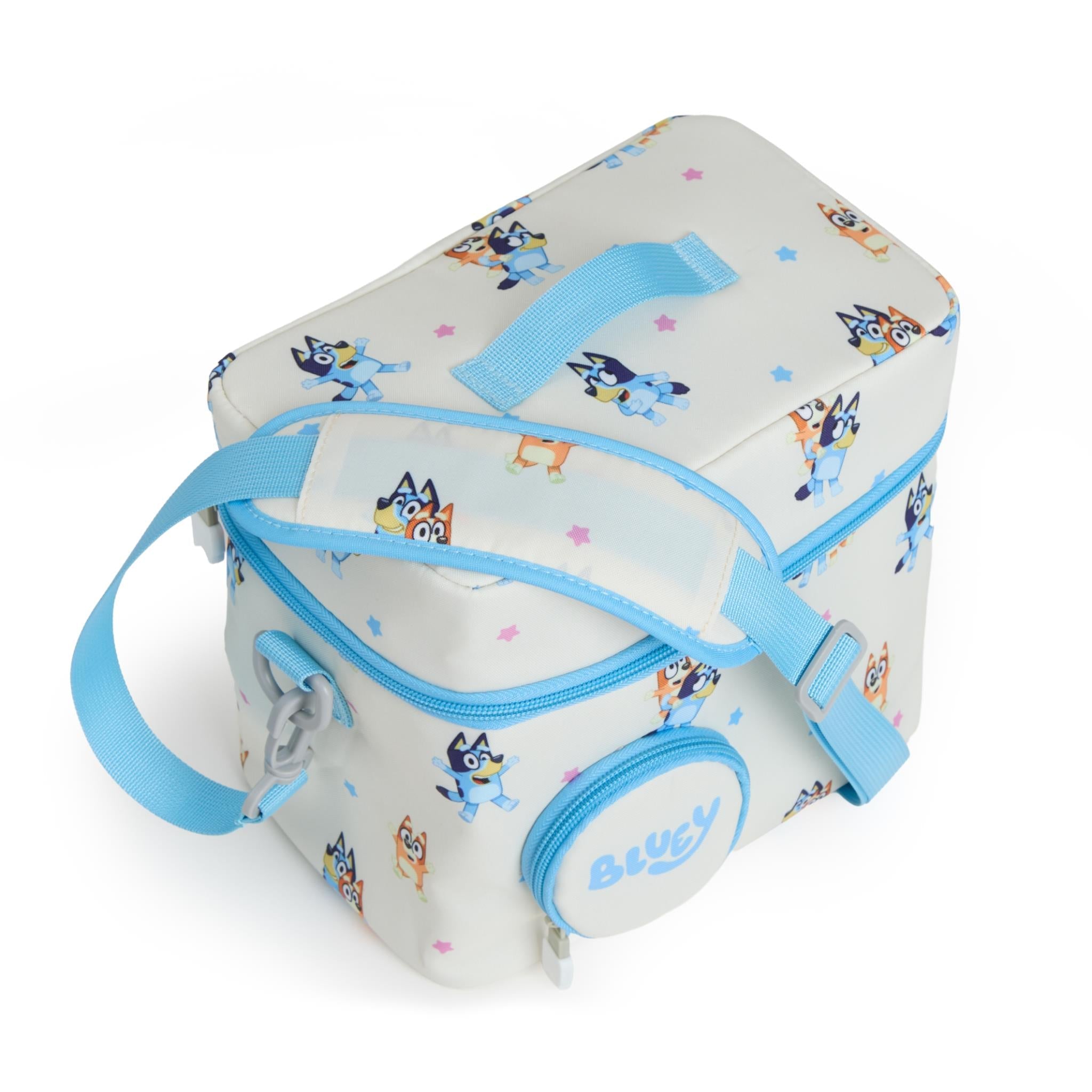 Padded Bluey character carry bag with crossbody strap and front zipper pocket