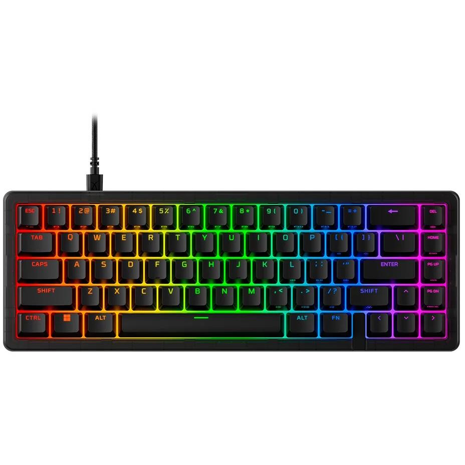 RGB gaming keyboard with 65% layout, black keys and multicolor backlit accents