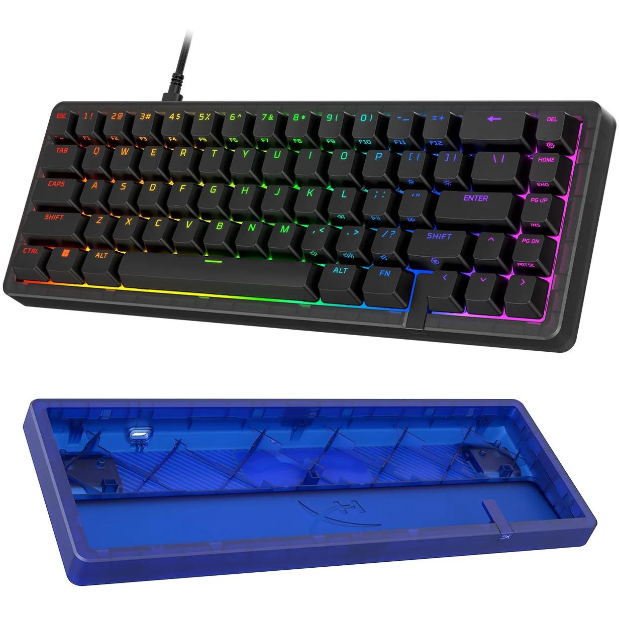 Black 65% RGB gaming keyboard angled view with multicolor key backlighting