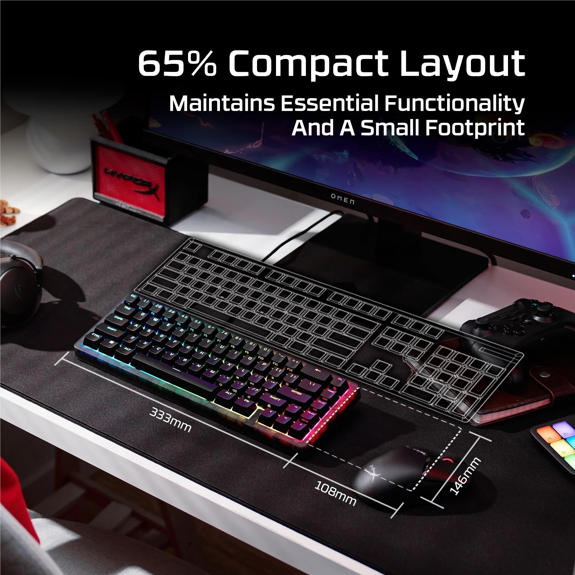 65% compact RGB gaming keyboard on a desk pad with multicolor lighting