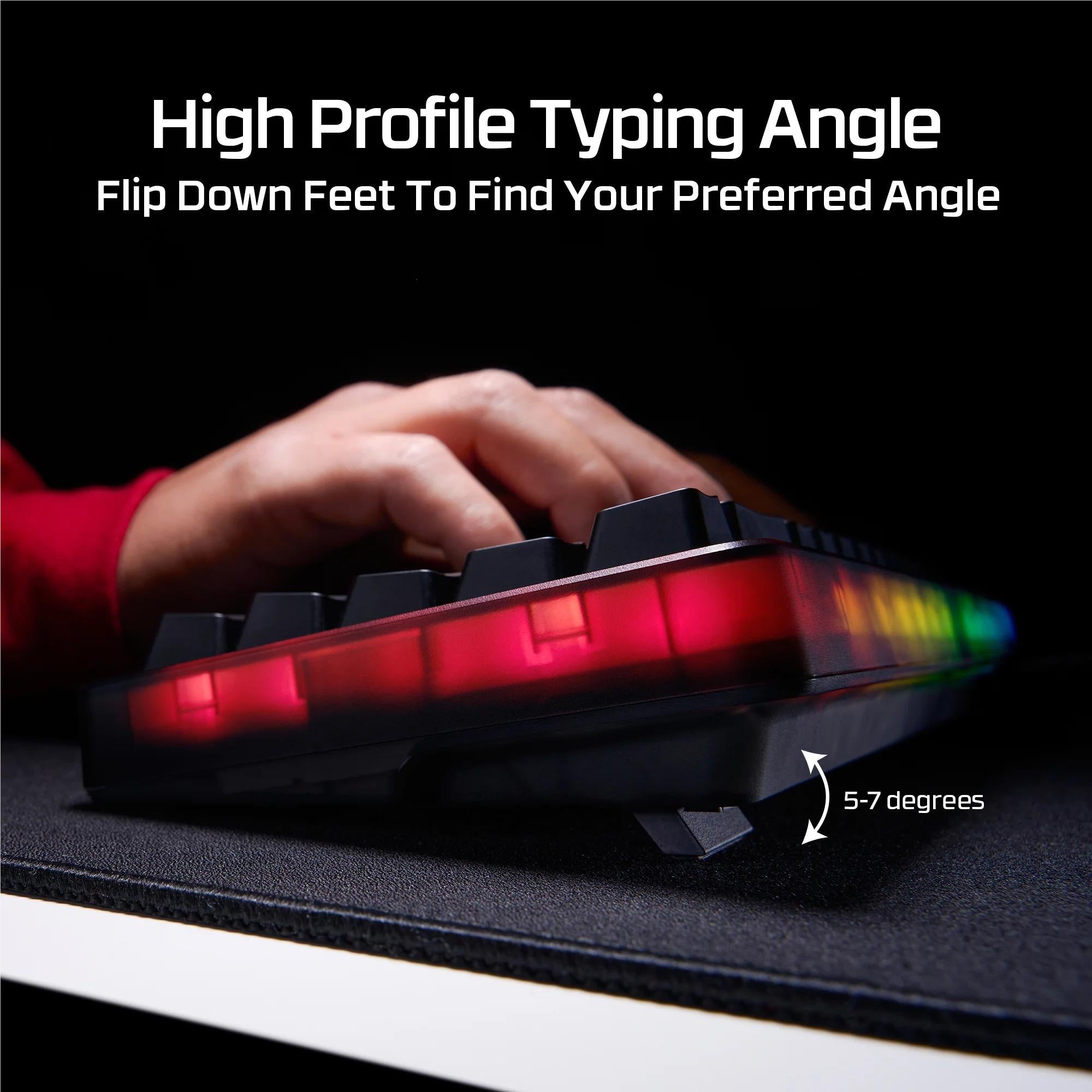 Black keyboard typing on a tilt stand with multicolor RGB bar lighting