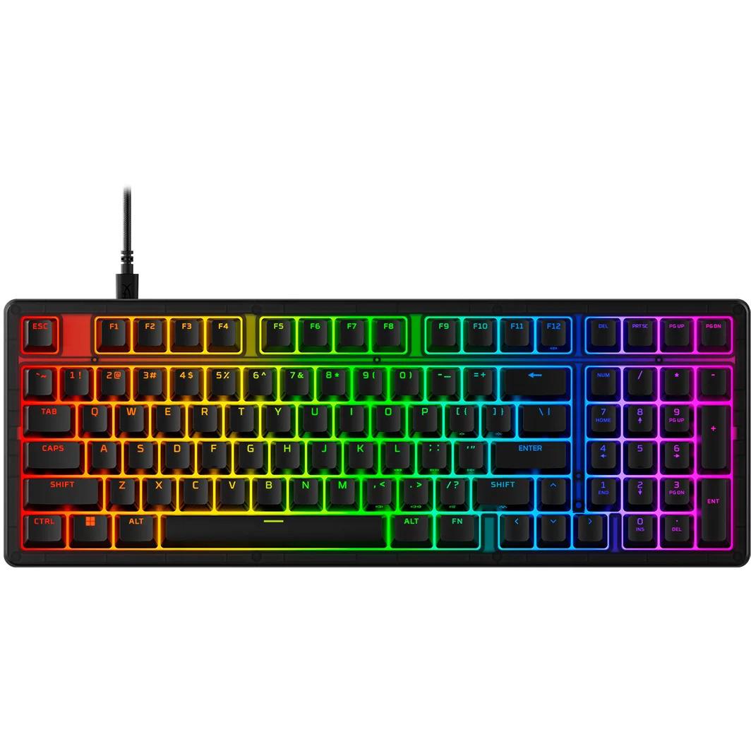 RGB hot-swap mechanical gaming keyboard with rainbow backlit keys and black keycaps