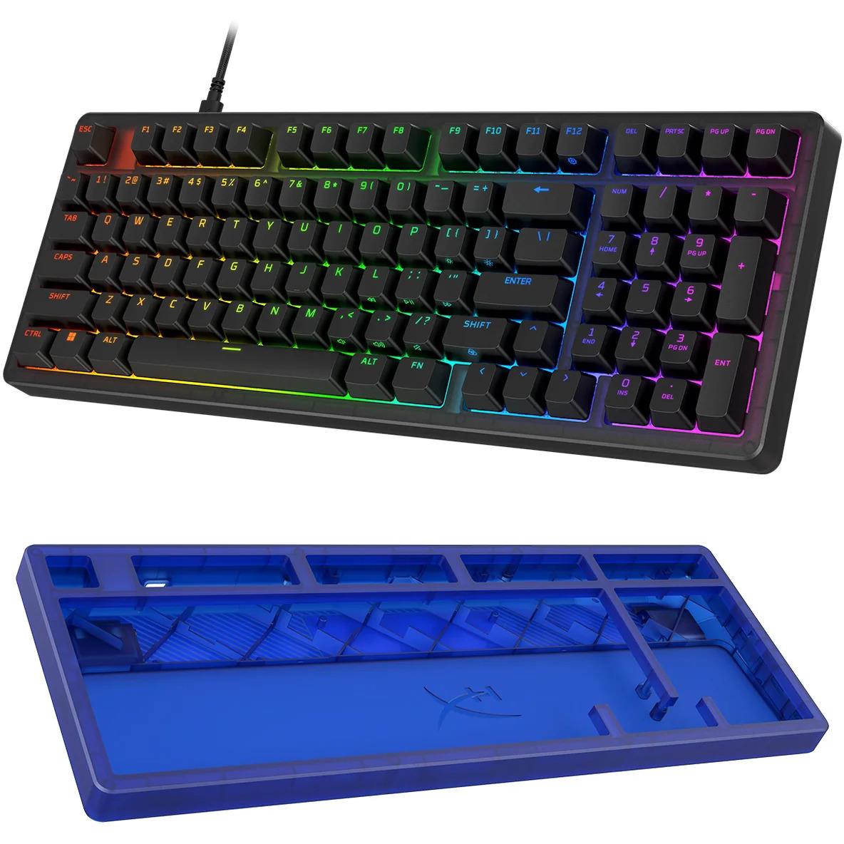 RGB mechanical gaming keyboard angled view, multicolor backlighting across key rows