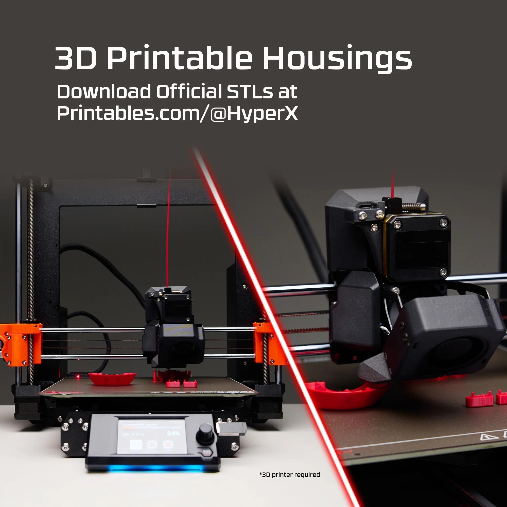 3D printable printer housings with black and orange parts and wiring