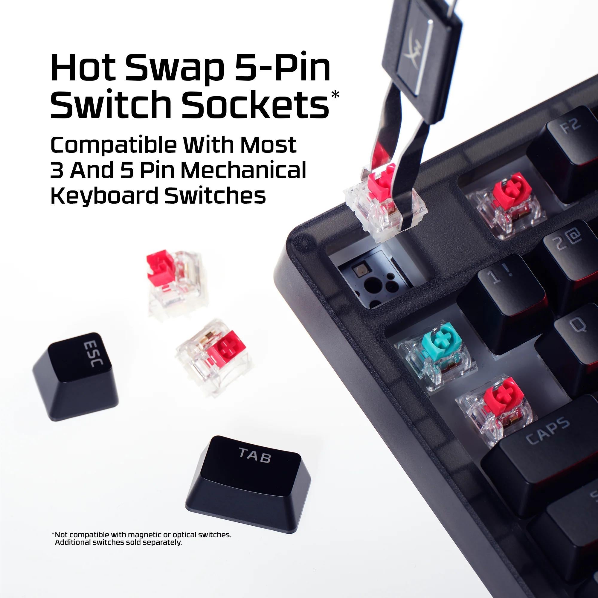 Mechanical keyboard hot-swap switch sockets with red switches and keycap