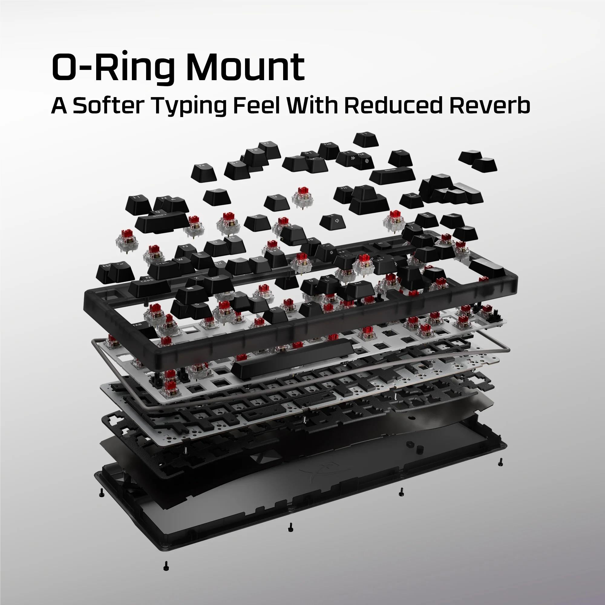 Exploded view of a mechanical keyboard assembly with stabilizers and switches