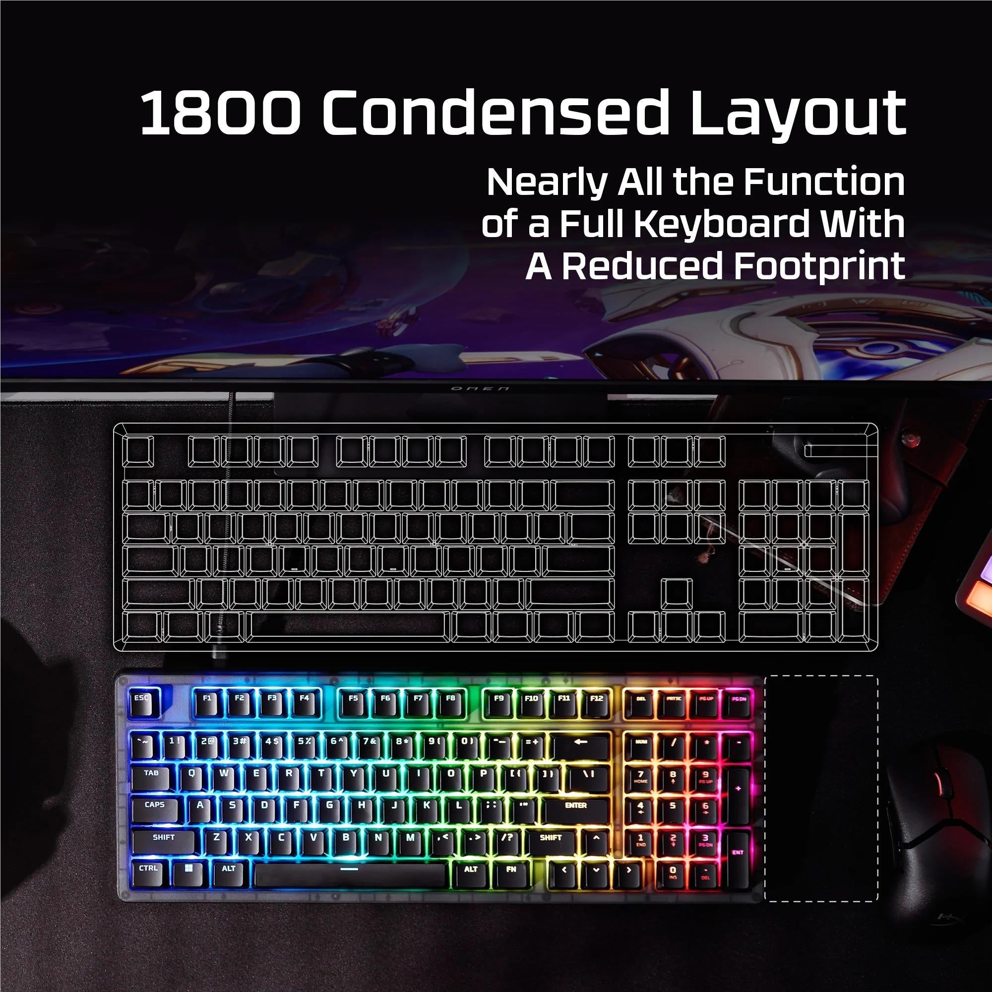 1800 condensed layout mechanical keyboard with multicolor RGB backlit keys