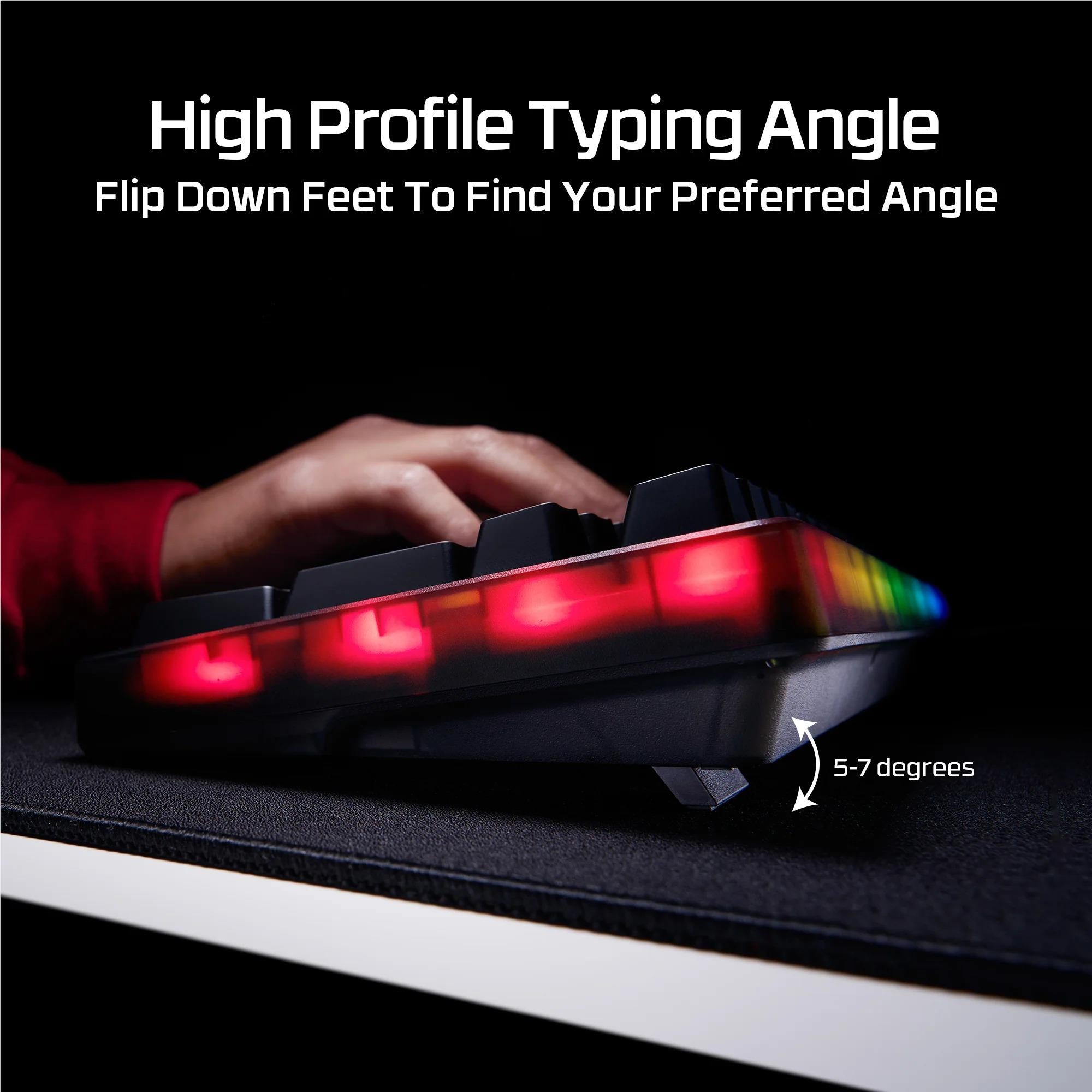 Mechanical keyboard on angled stand with red RGB lighting and a hand adjusting it