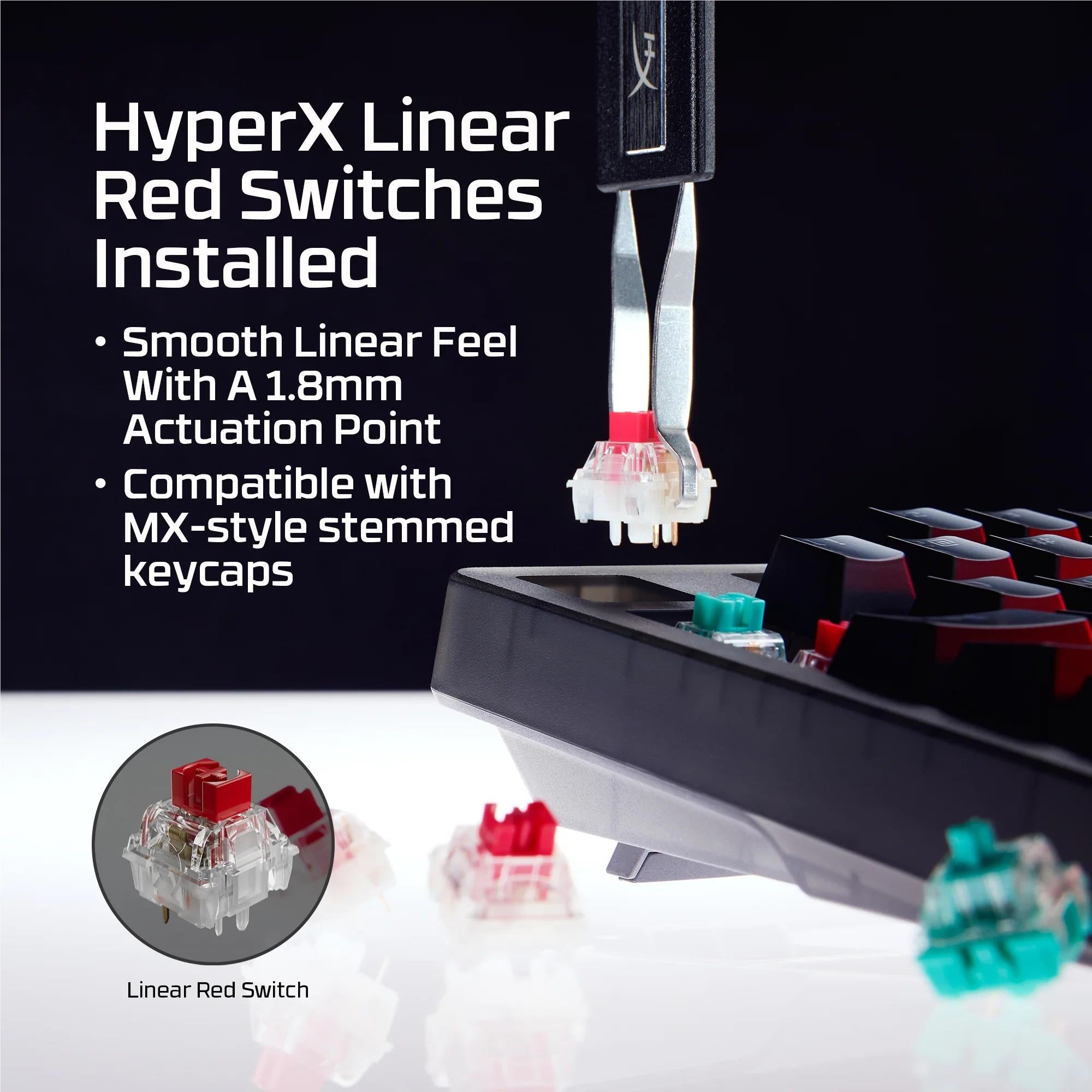 HyperX linear red switch installed on a mechanical keyboard with a removal tool