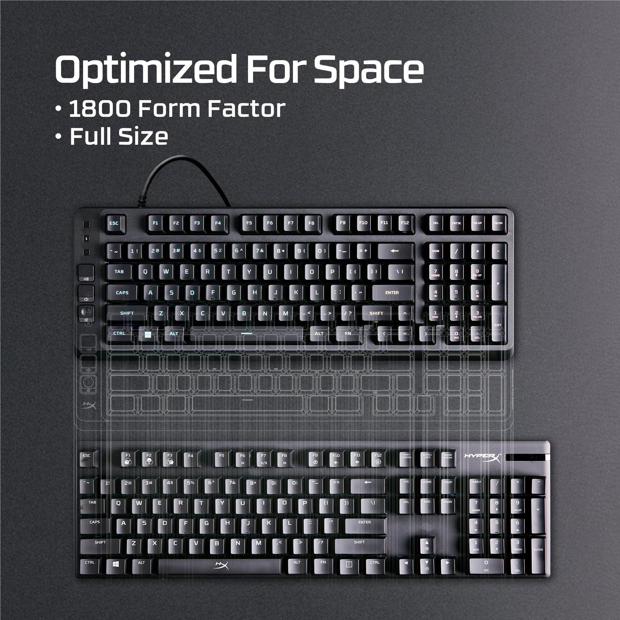 Compact gaming keyboard with full-size layout, black keys with RGB backlight