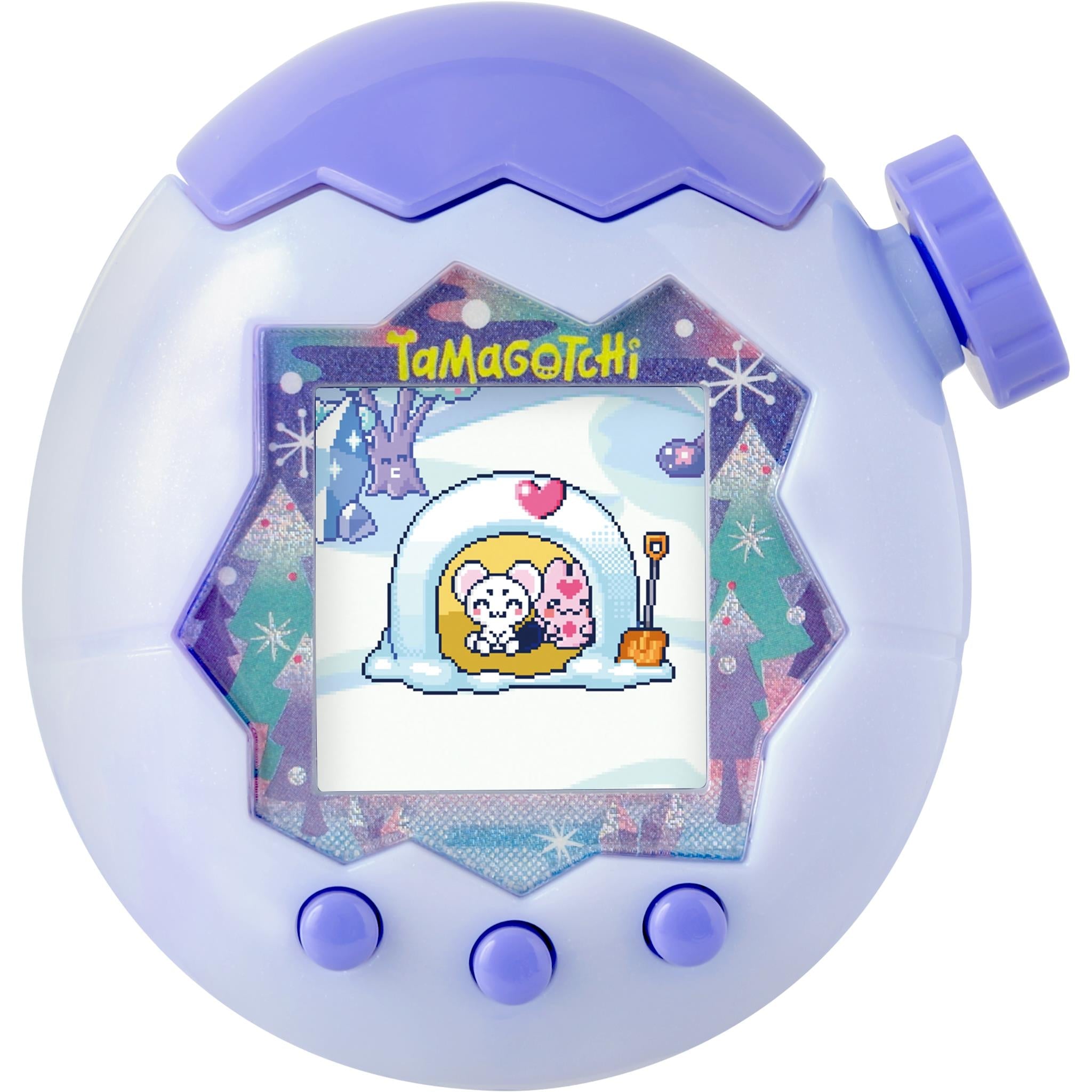 White and blue digital pet with screen showing snowy scene and heart icon
