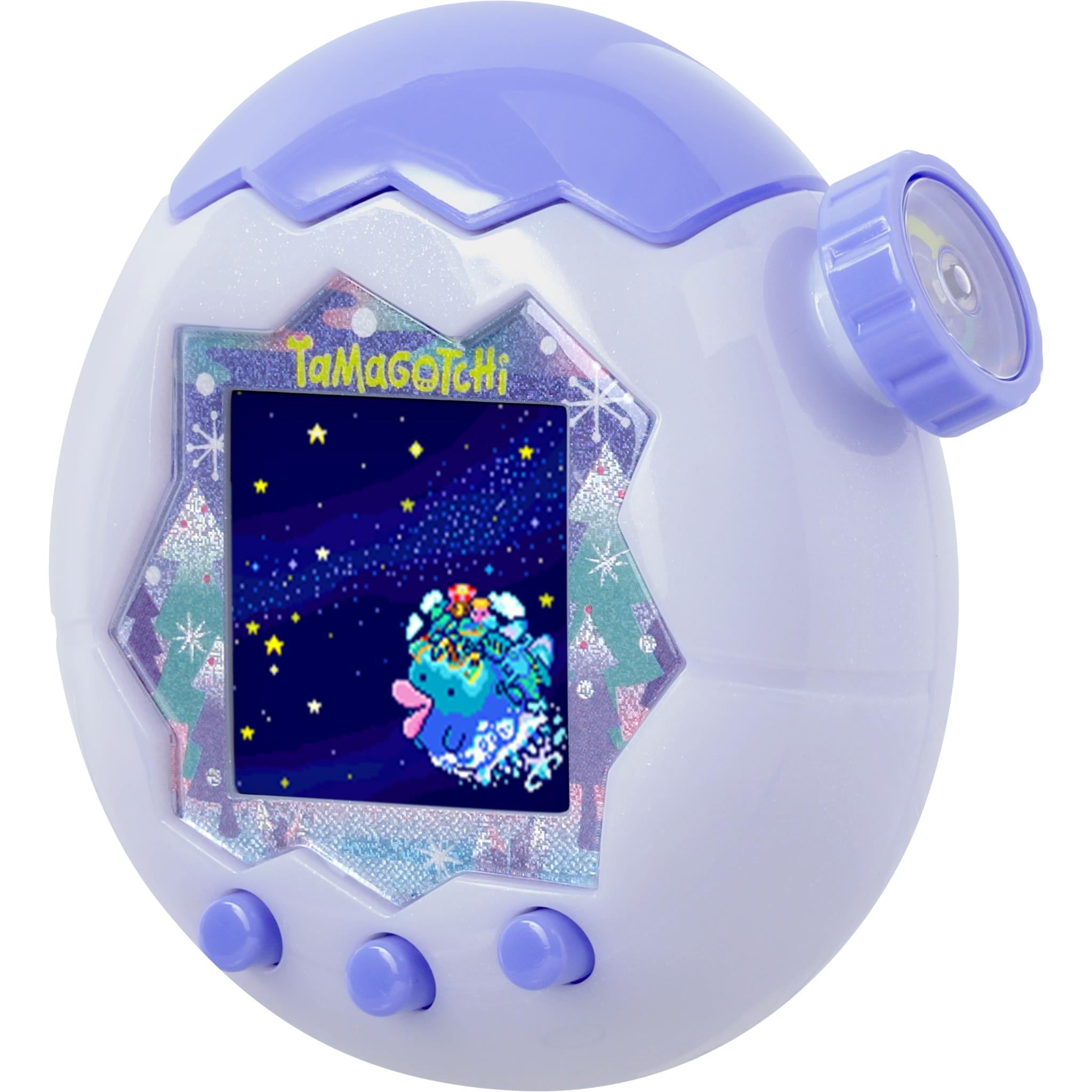 White and blue digital pet with side dial and screen showing starry night scene