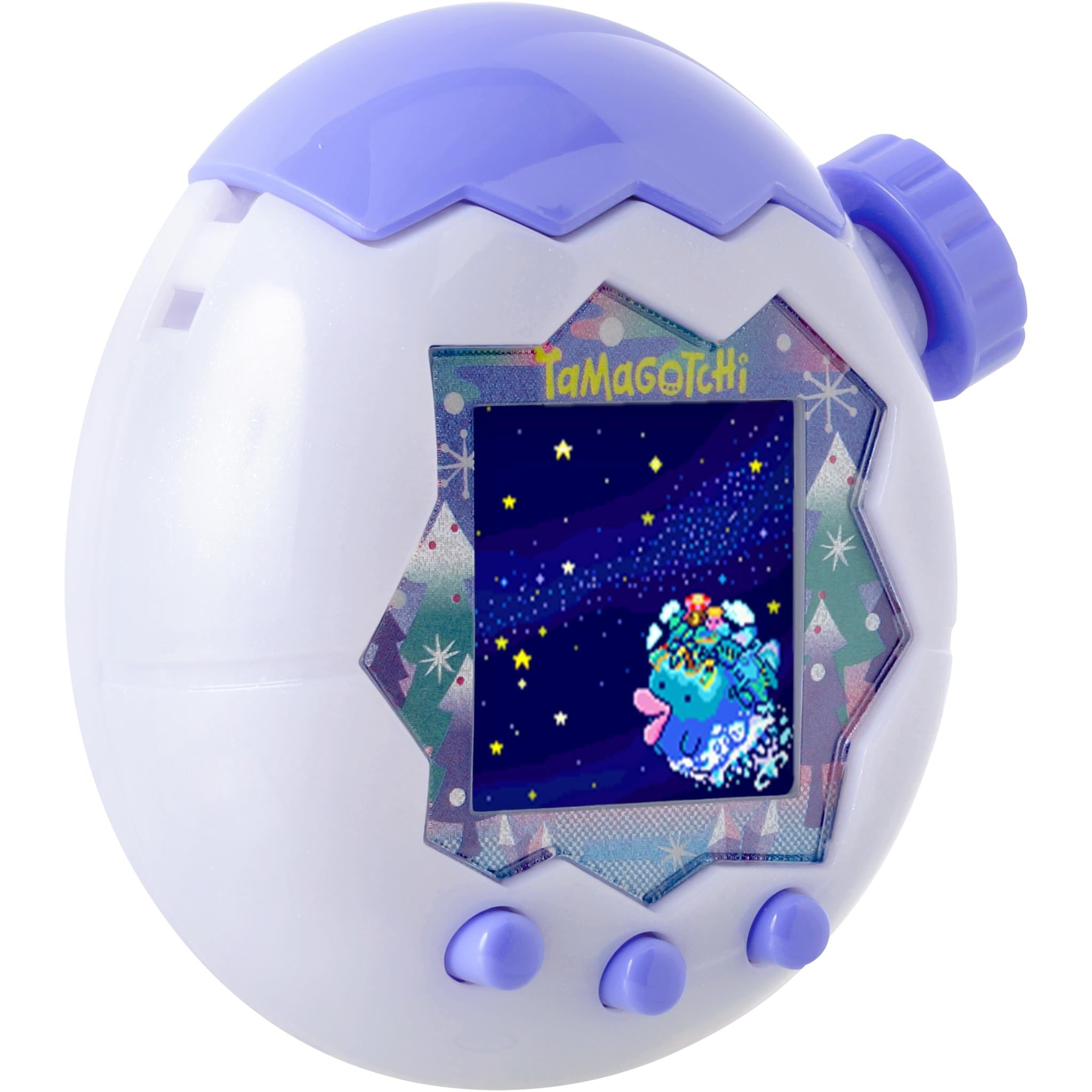 White and blue digital pet with top dial and screen showing night-snow character scene