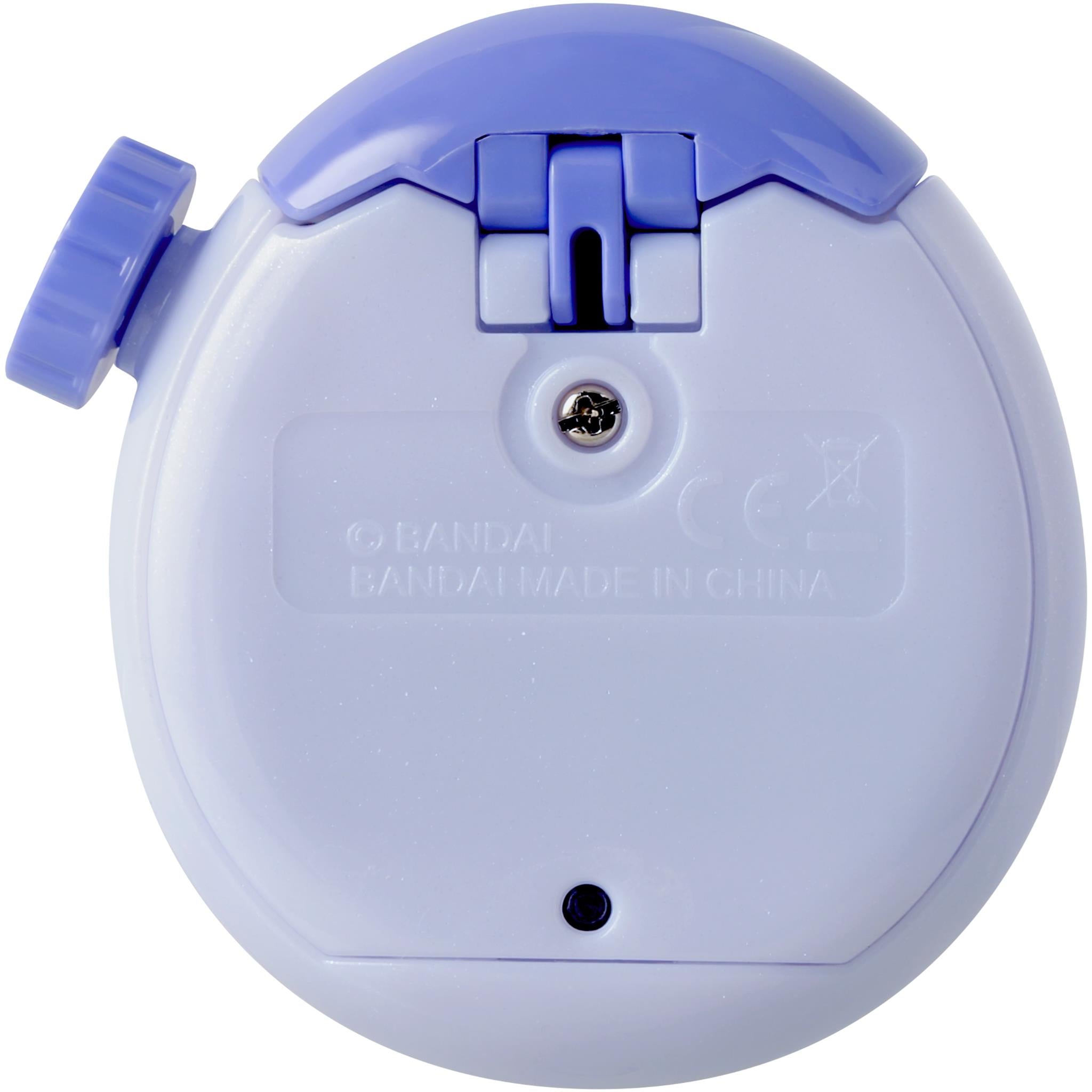 Back of white and blue digital pet with screw and small circular indicator
