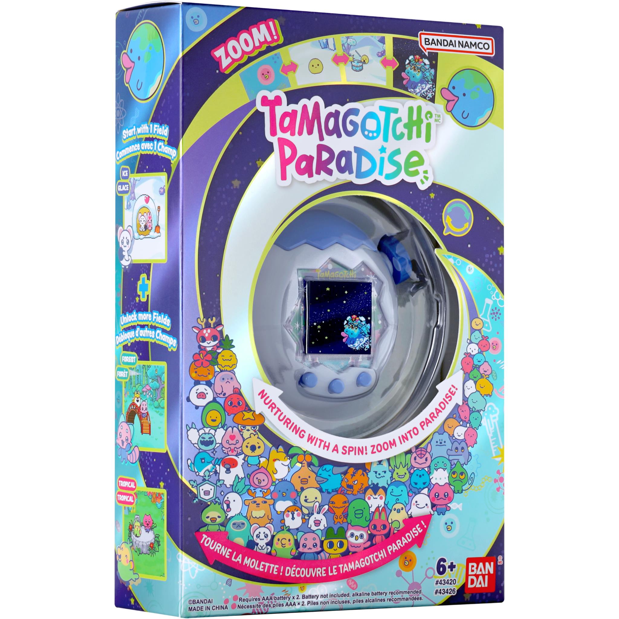 Tamagotchi Paradise digital pet retail box with blue device in plastic window